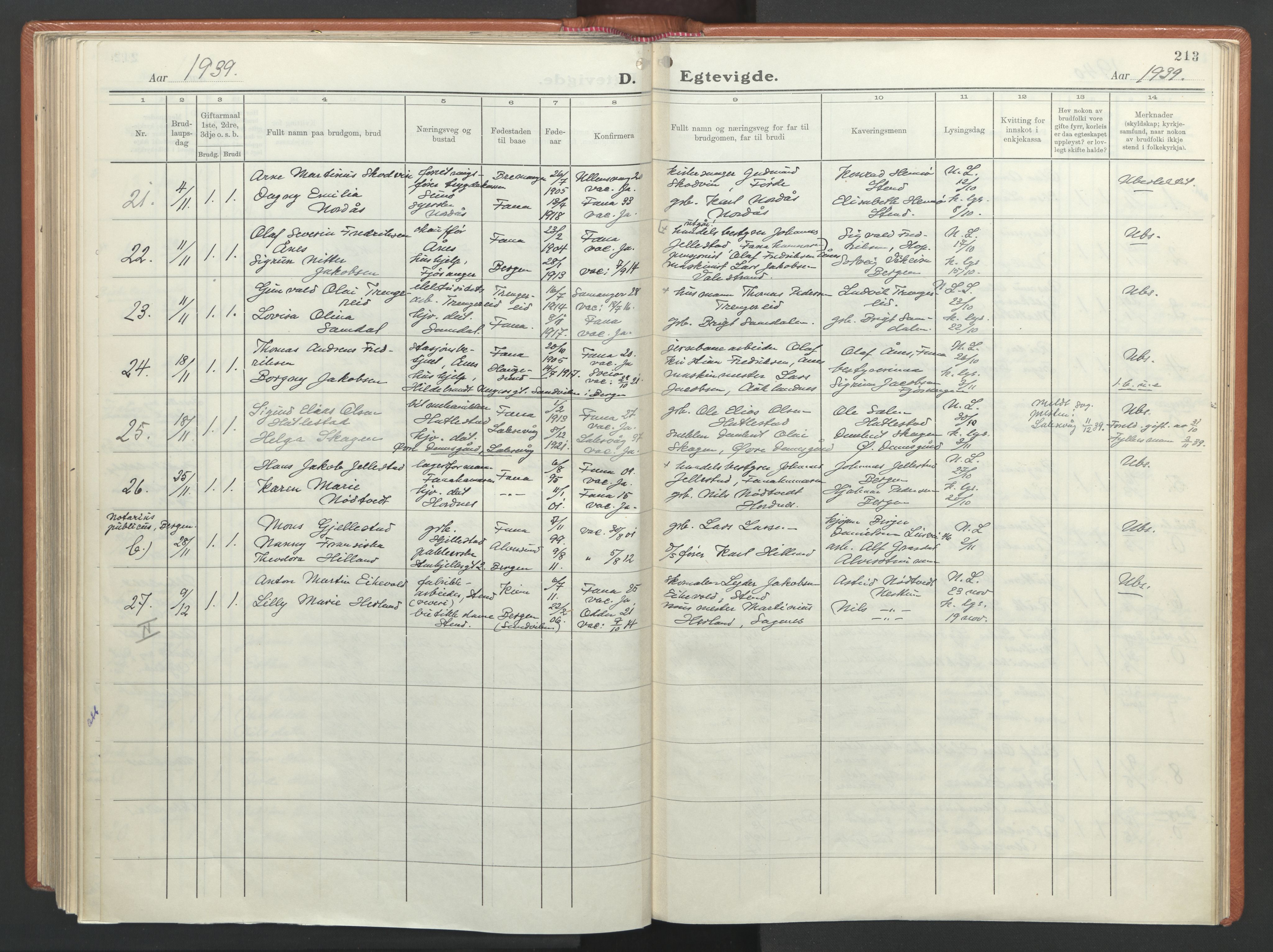 Fana Sokneprestembete, AV/SAB-A-75101/H/Haa/Haab/L0007: Parish register (official) no. B 7, 1934-1947, p. 213