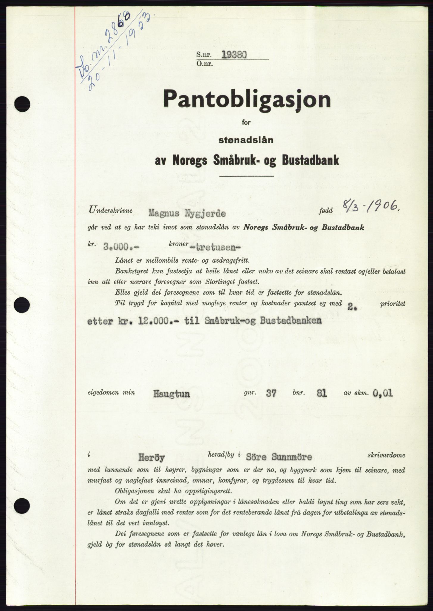 Søre Sunnmøre sorenskriveri, AV/SAT-A-4122/1/2/2C/L0124: Mortgage book no. 12B, 1953-1954, Diary no: : 2860/1953