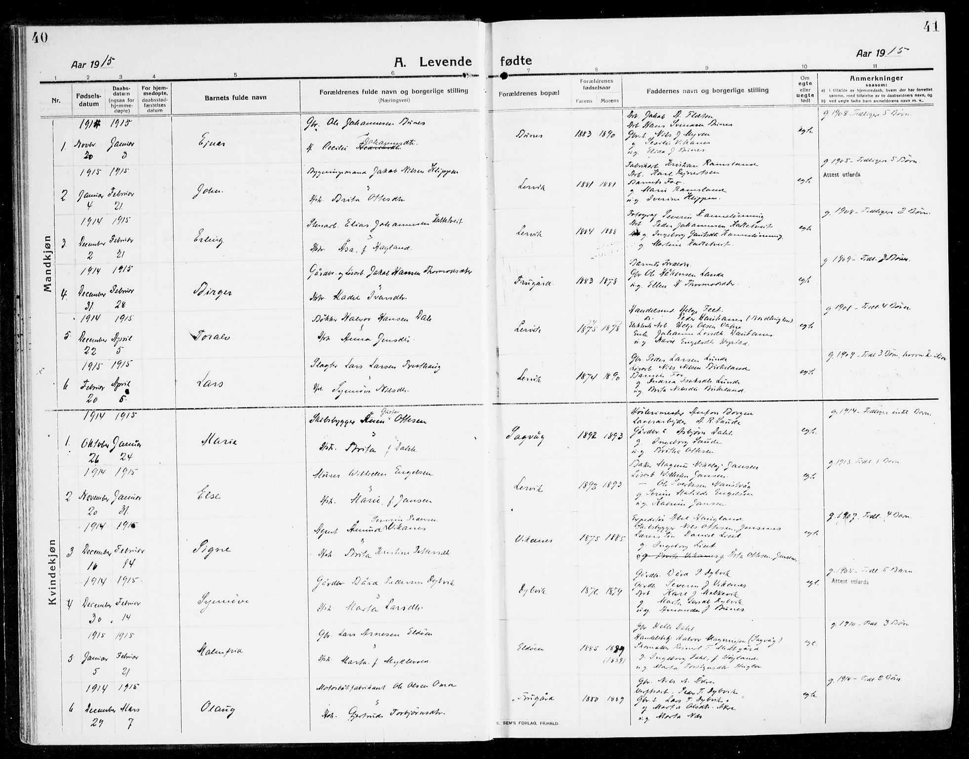 Stord sokneprestembete, SAB/A-78201/H/Haa: Parish register (official) no. B 3, 1913-1925, p. 40-41