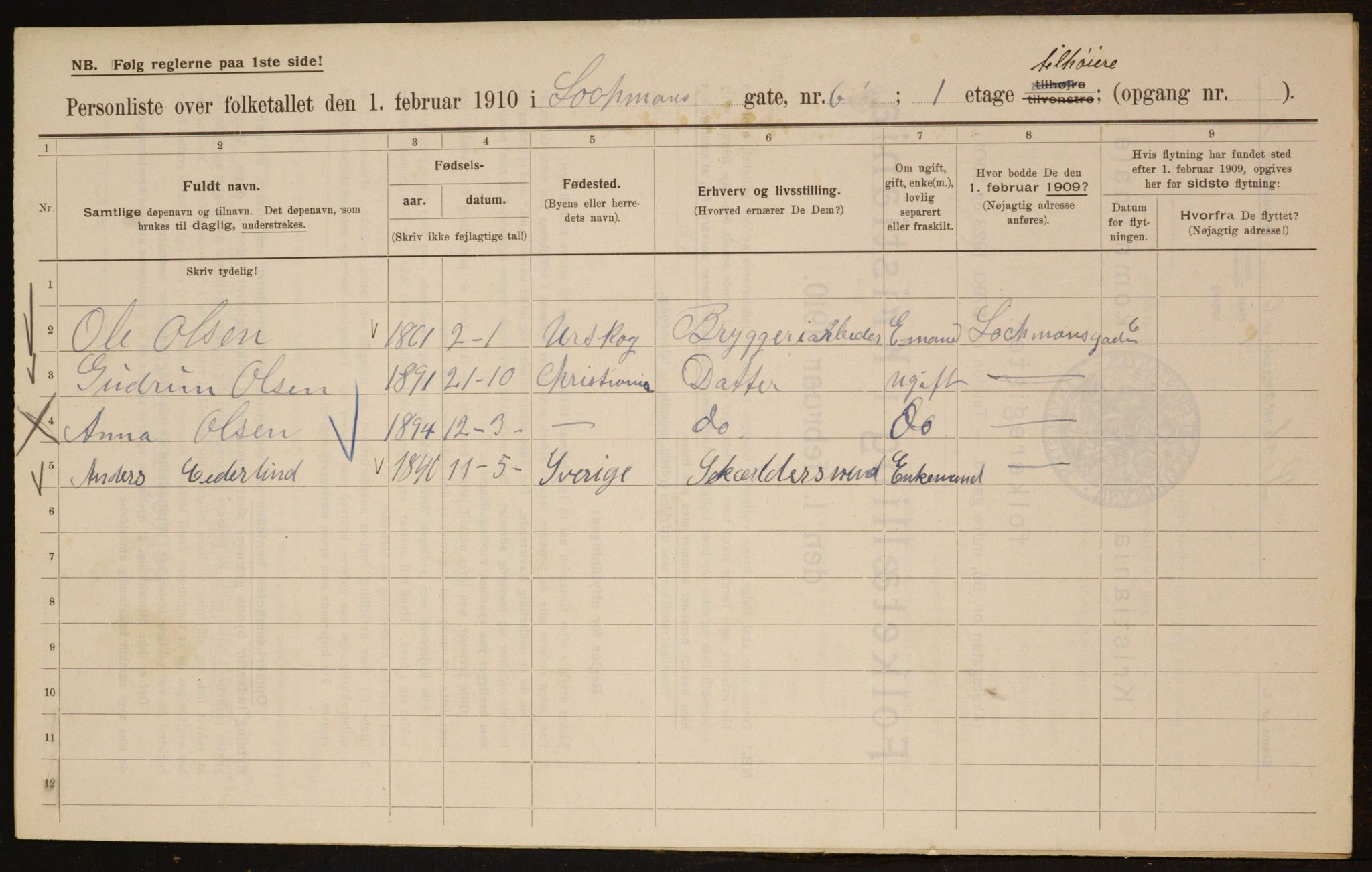 OBA, Municipal Census 1910 for Kristiania, 1910, p. 56329