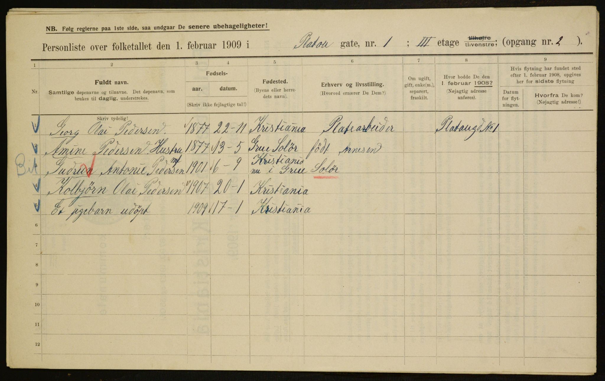 OBA, Municipal Census 1909 for Kristiania, 1909, p. 72645