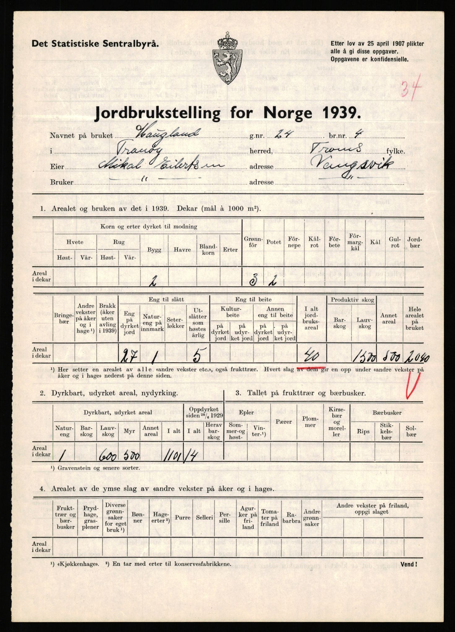 Statistisk sentralbyrå, Næringsøkonomiske emner, Jordbruk, skogbruk, jakt, fiske og fangst, AV/RA-S-2234/G/Gb/L0341: Troms: Sørreisa og Tranøy, 1939, p. 1407