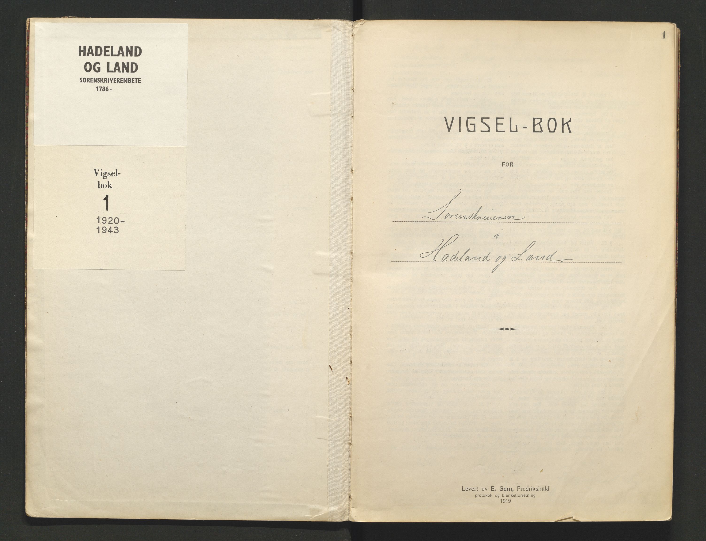 Hadeland og Land tingrett, AV/SAH-TING-010/L/Lb/L0001: Vigselbok, 1920-1943, p. 1