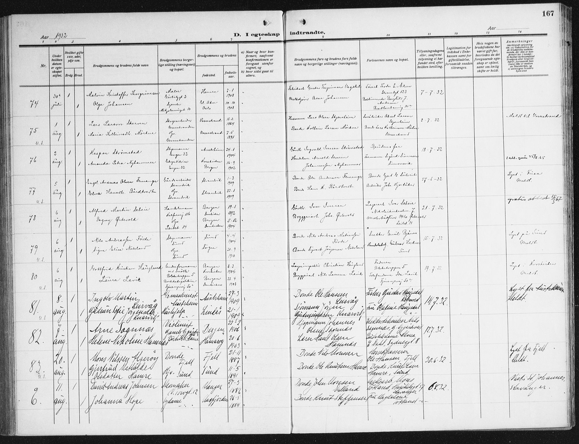 Domkirken sokneprestembete, AV/SAB-A-74801/H/Haa/L0039: Parish register (official) no. D 6, 1921-1937, p. 167