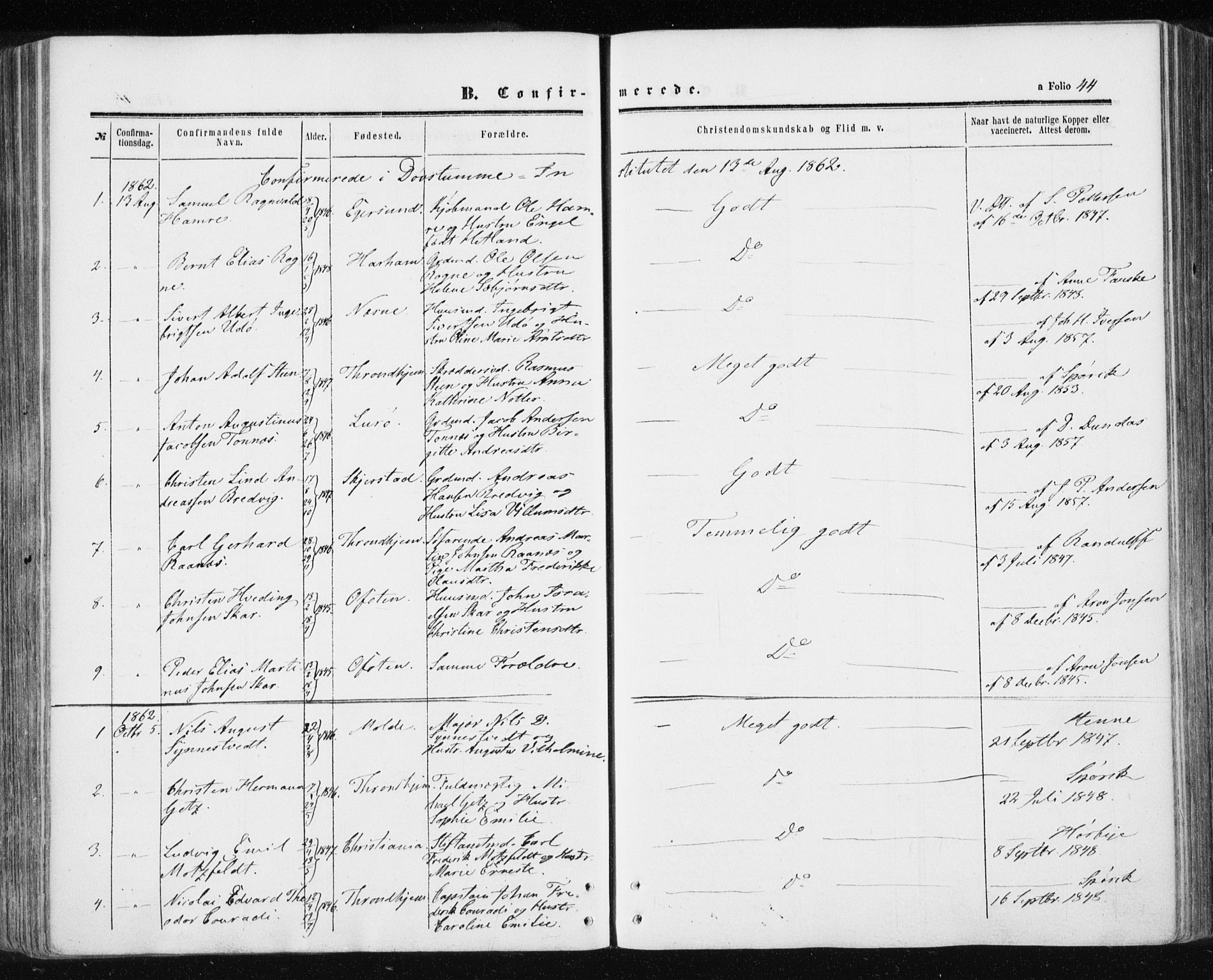 Ministerialprotokoller, klokkerbøker og fødselsregistre - Sør-Trøndelag, AV/SAT-A-1456/601/L0053: Parish register (official) no. 601A21, 1857-1865, p. 44