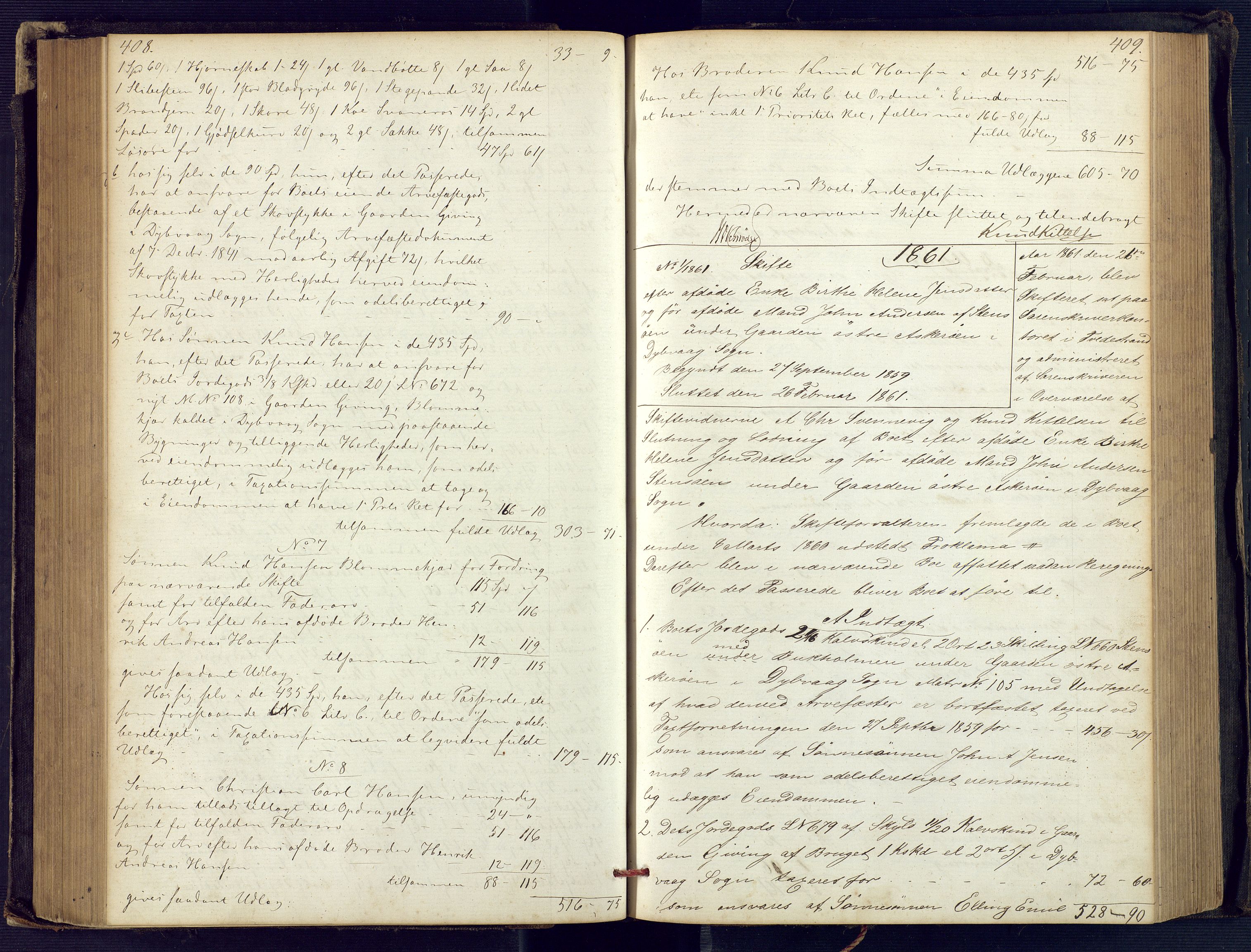 Holt sorenskriveri, SAK/1221-0002/H/Hc/L0029: Skifteutlodningsprotokoll nr. 4 med løst register, 1857-1862, p. 408-409
