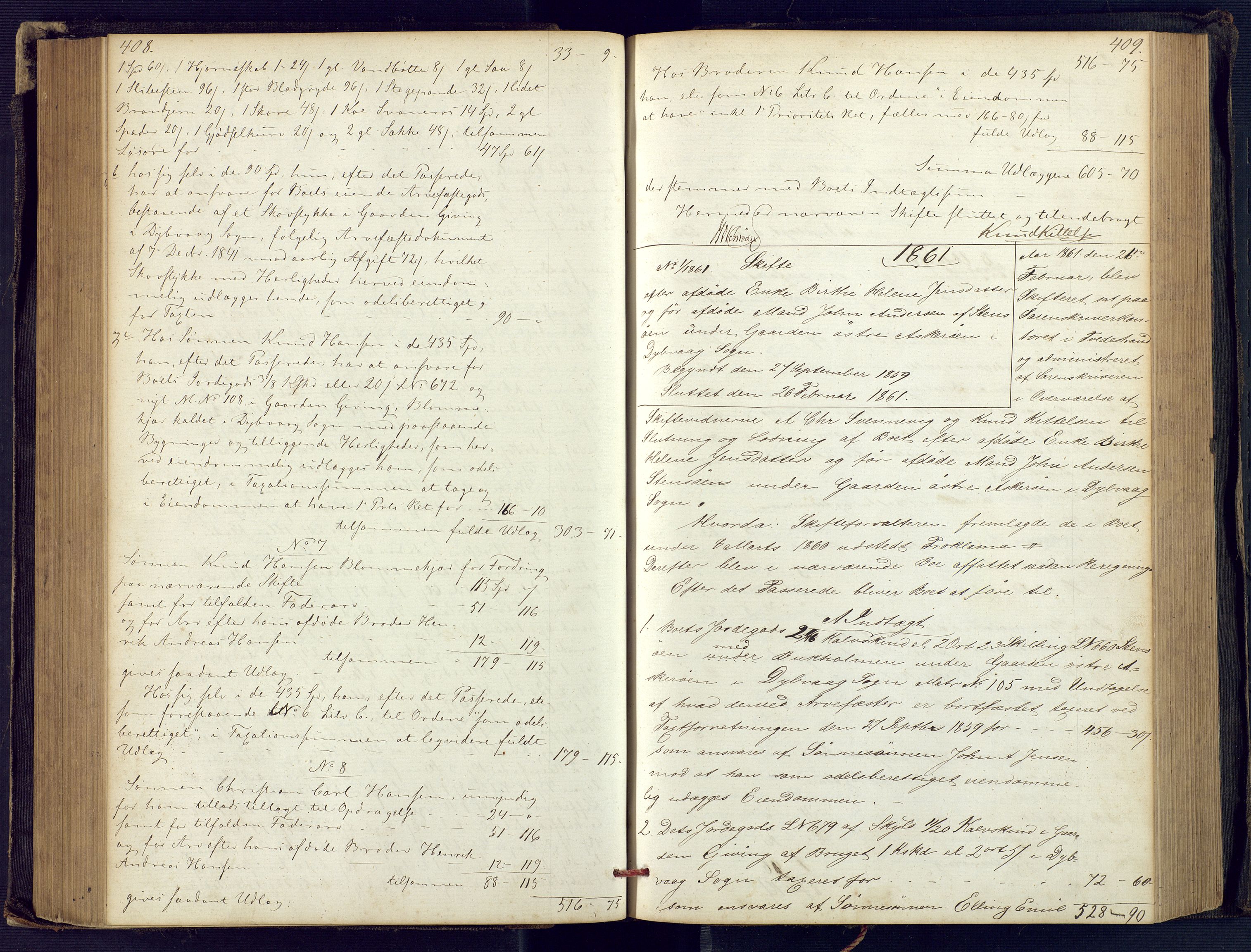 Holt sorenskriveri, AV/SAK-1221-0002/H/Hc/L0029: Skifteutlodningsprotokoll nr. 4 med løst register, 1857-1862, p. 408-409