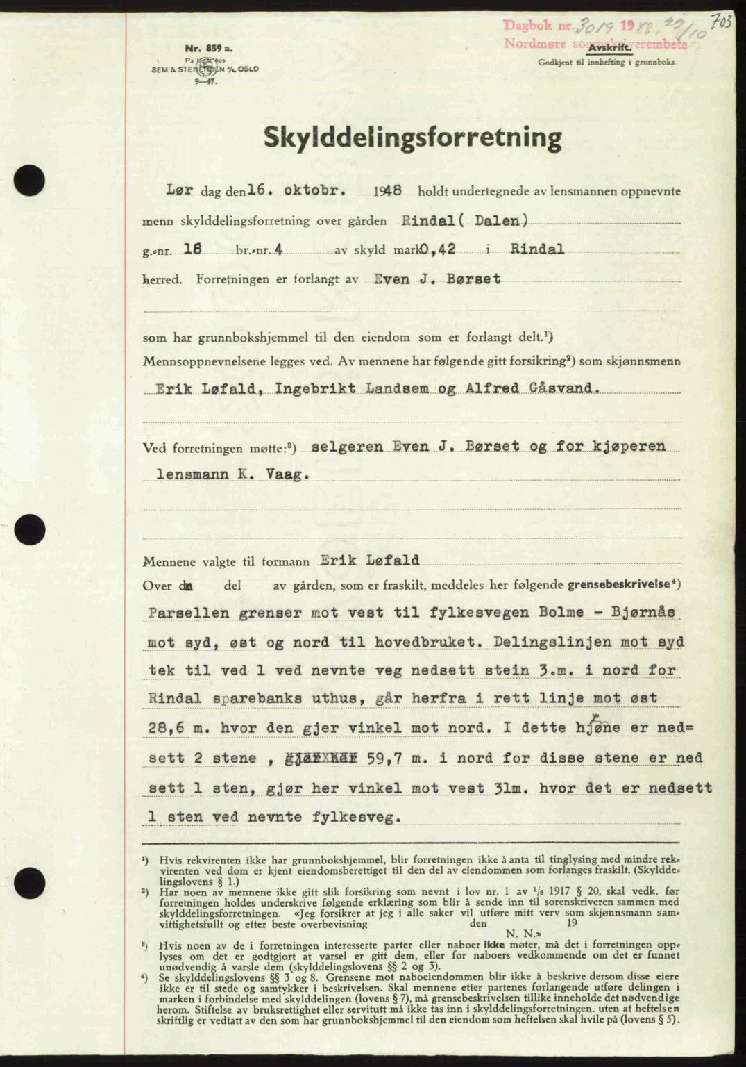 Nordmøre sorenskriveri, AV/SAT-A-4132/1/2/2Ca: Mortgage book no. A109, 1948-1948, Diary no: : 3019/1948