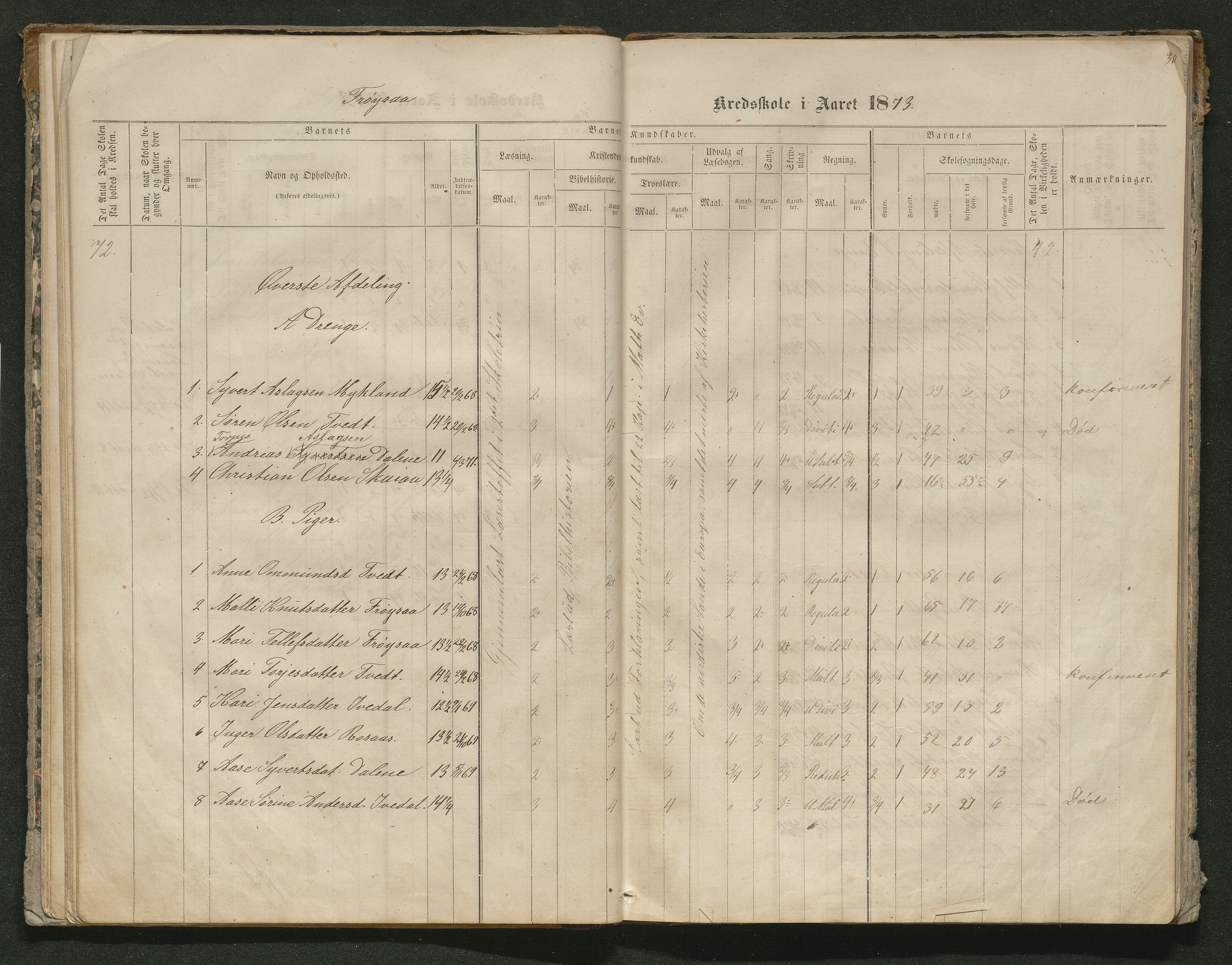 Iveland kommune, De enkelte kretsene/Skolene, AAKS/KA0935-550/A_10/L0005: Skoleprotokoll for Frøyså og Mykland krets, 1864-1881, p. 30