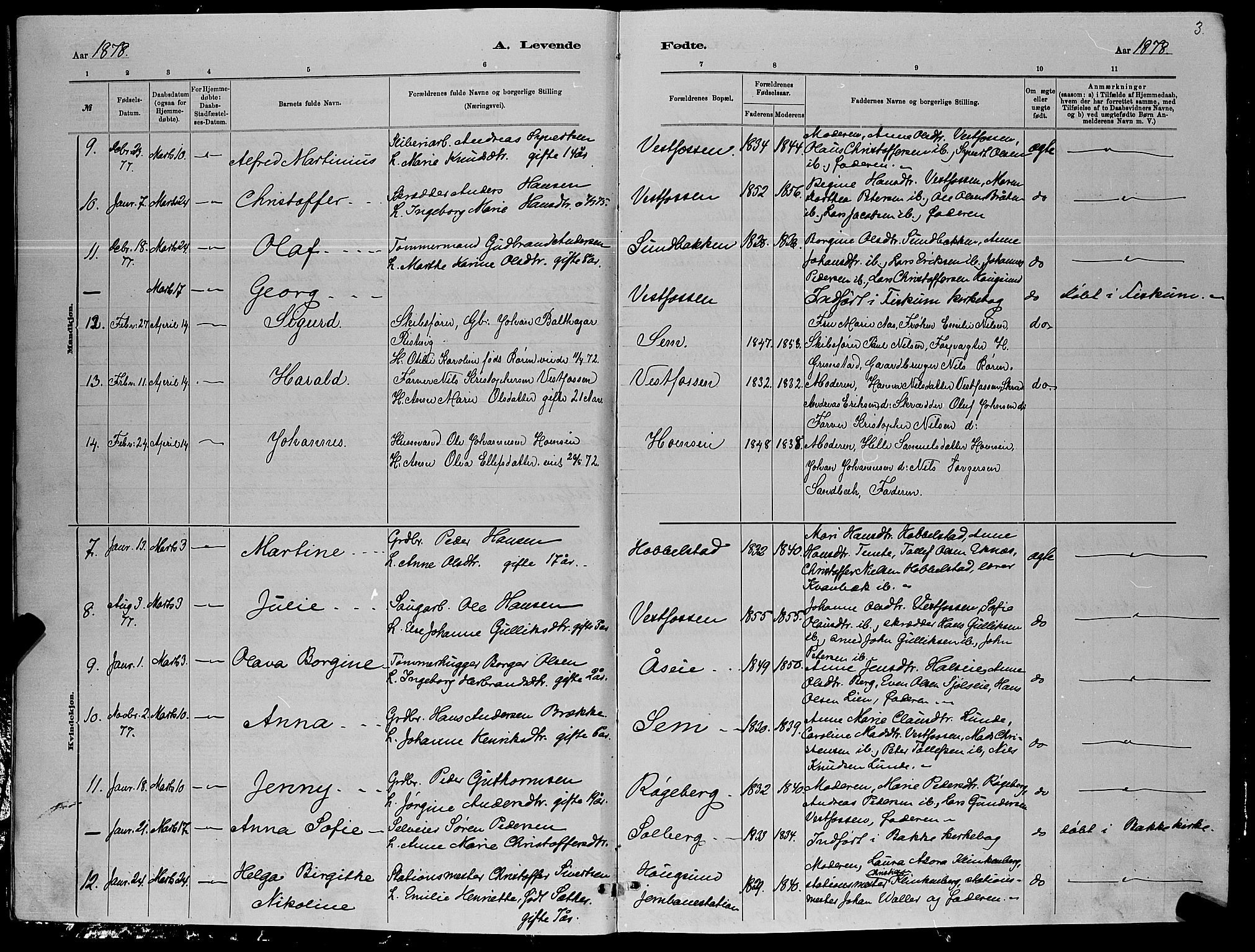 Eiker kirkebøker, AV/SAKO-A-4/G/Ga/L0005: Parish register (copy) no. I 5, 1878-1887, p. 3