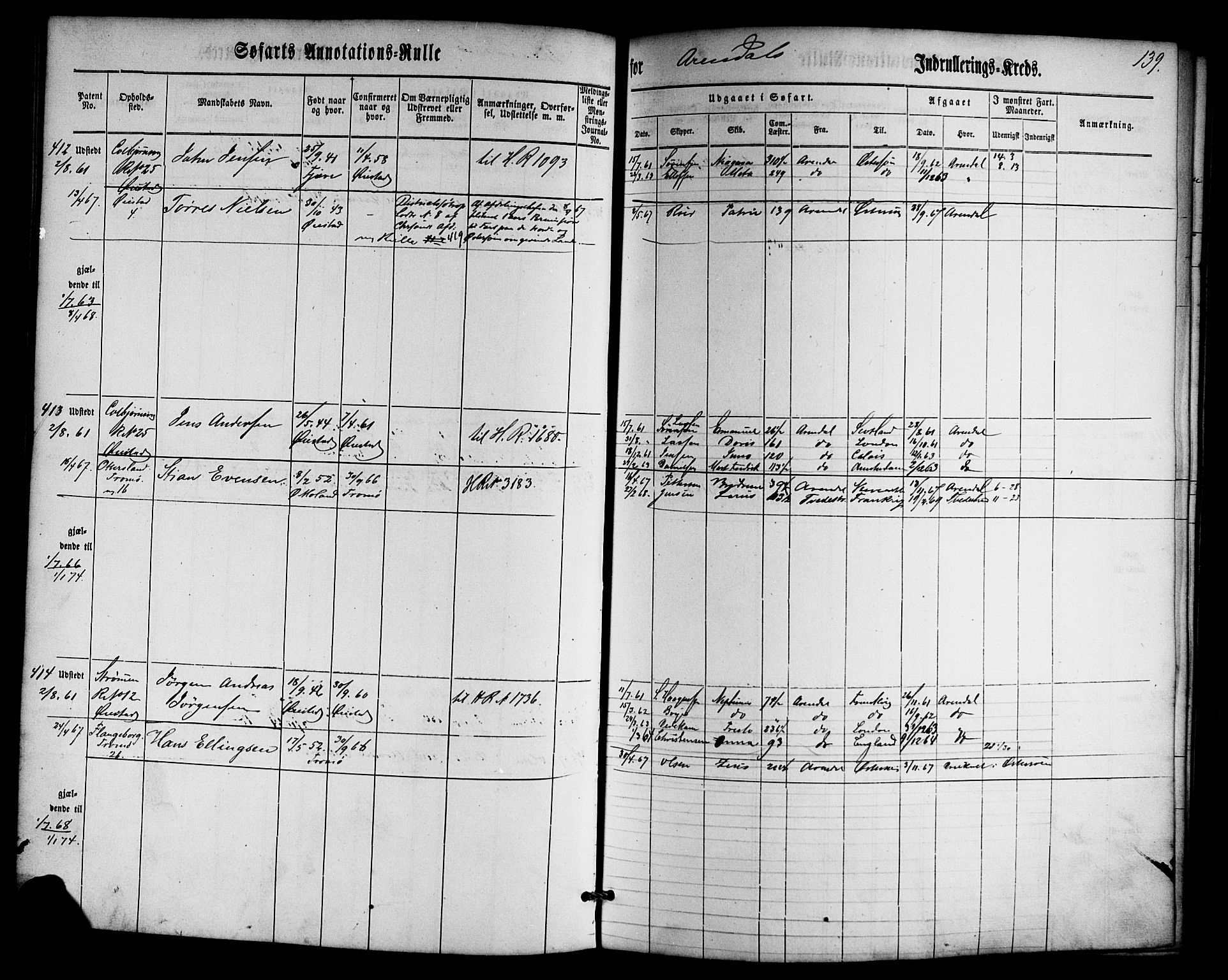 Arendal mønstringskrets, AV/SAK-2031-0012/F/Fa/L0001: Annotasjonsrulle nr 1-794 med register, E-1, 1860-1865, p. 173