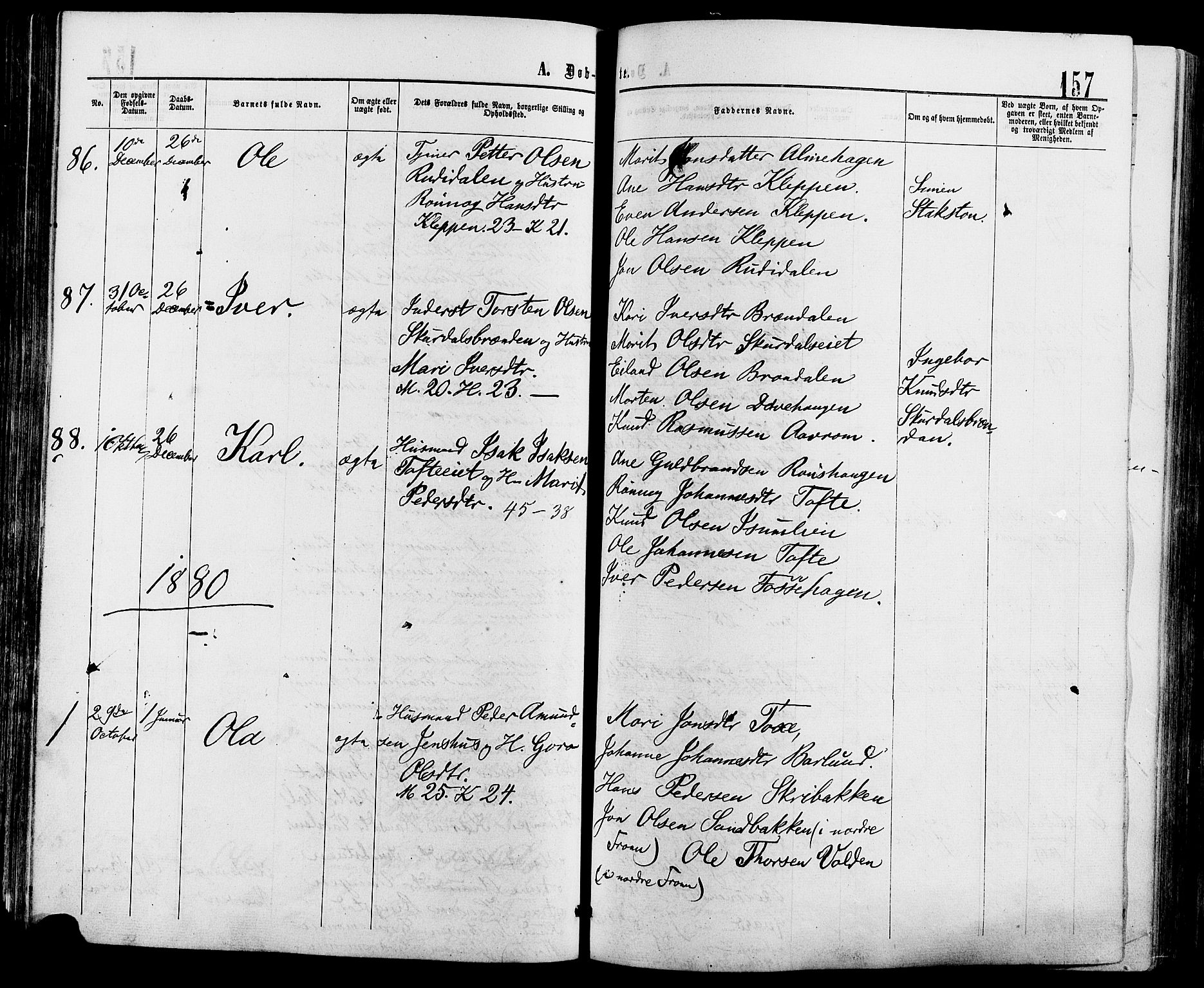 Sør-Fron prestekontor, SAH/PREST-010/H/Ha/Haa/L0002: Parish register (official) no. 2, 1864-1880, p. 157