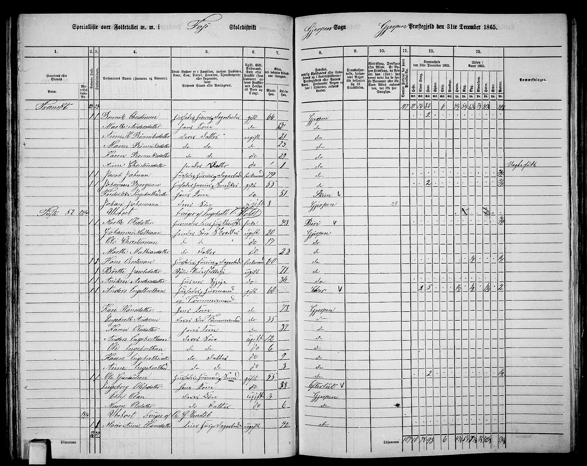 RA, 1865 census for Gjerpen, 1865, p. 91