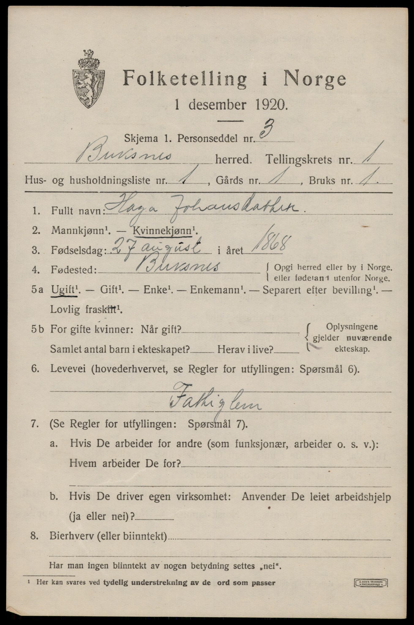 SAT, 1920 census for Buksnes, 1920, p. 959