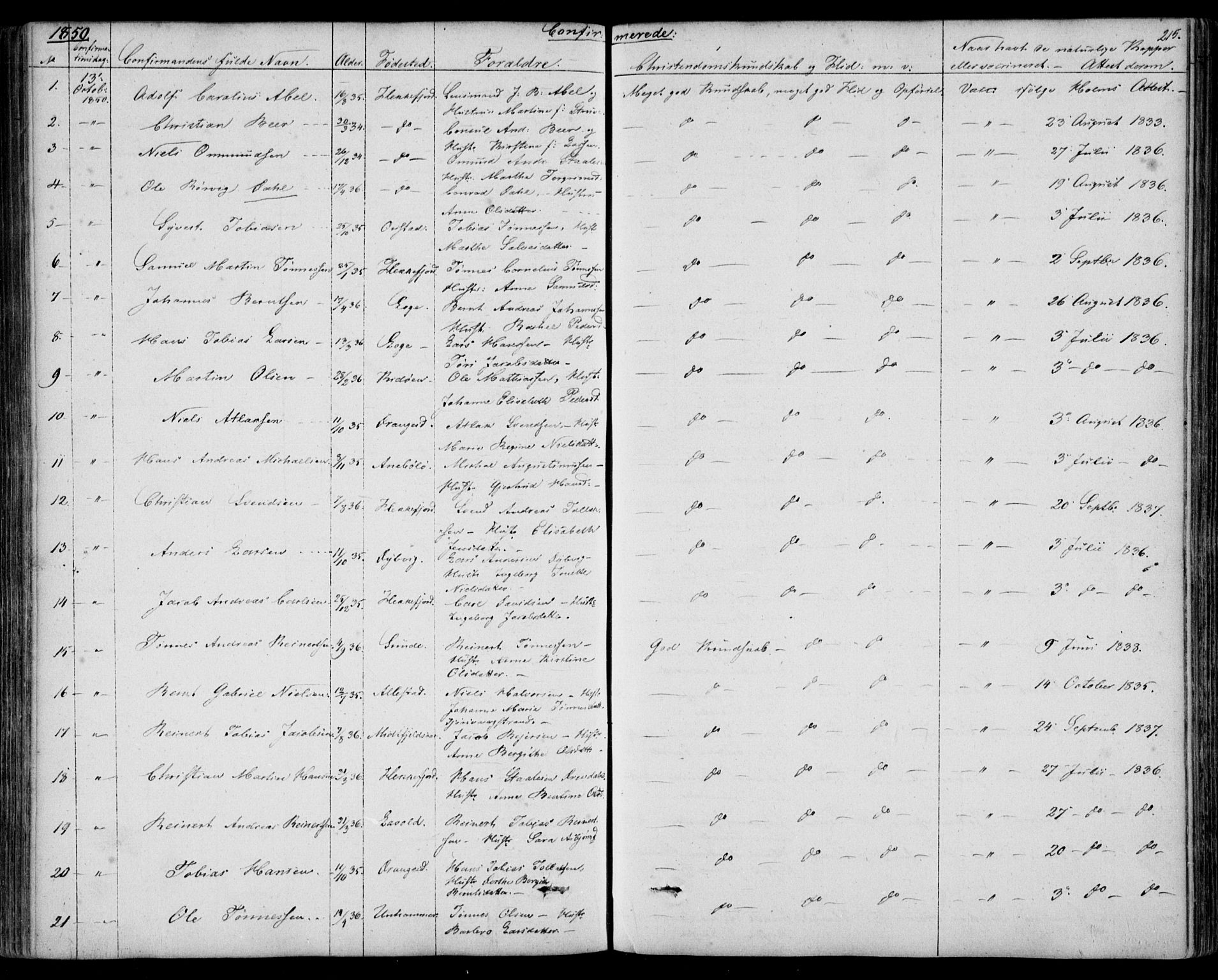 Flekkefjord sokneprestkontor, SAK/1111-0012/F/Fb/Fbc/L0005: Parish register (copy) no. B 5, 1846-1866, p. 215