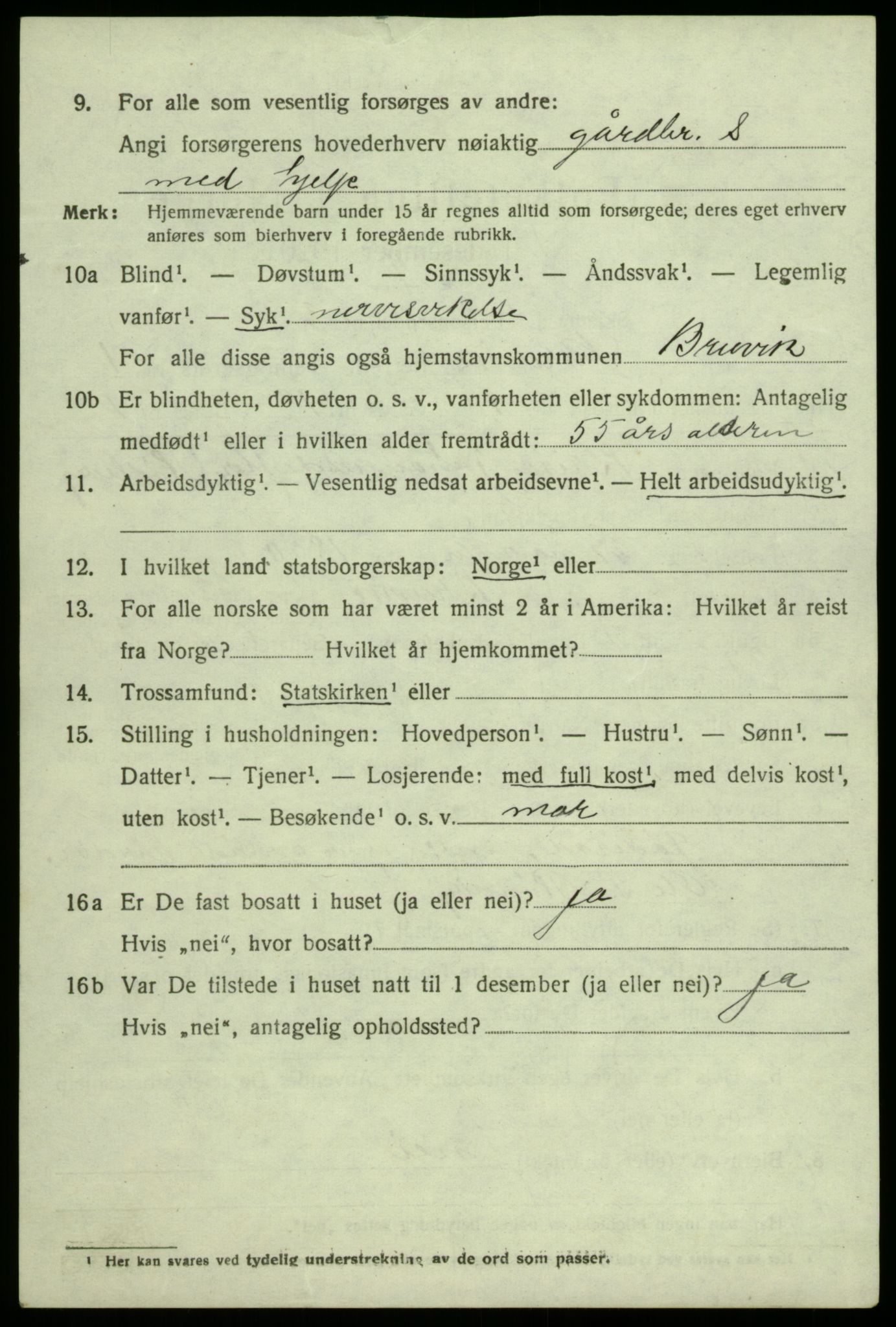 SAB, 1920 census for Bruvik, 1920, p. 1101