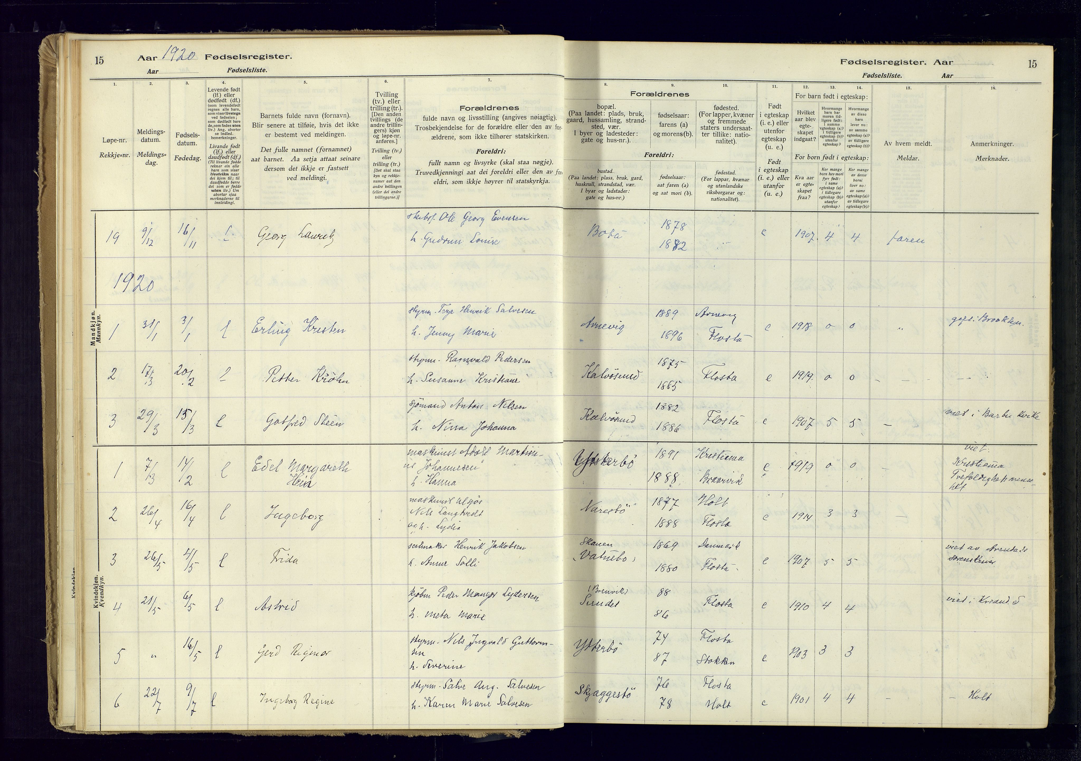 Austre Moland sokneprestkontor, SAK/1111-0001/J/Ja/L0005: Birth register no. A-VI-29, 1916-1982, p. 15