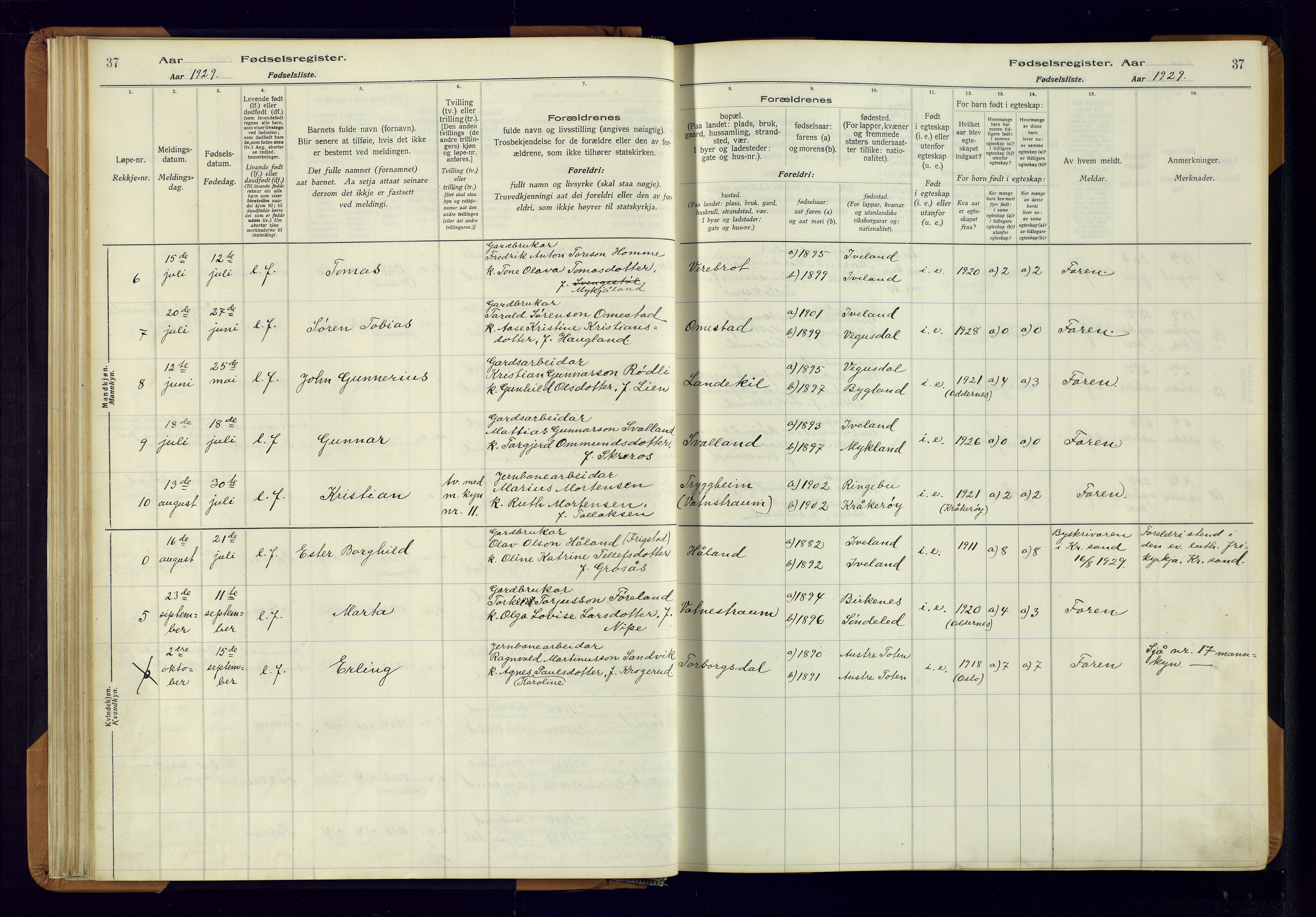 Evje sokneprestkontor, AV/SAK-1111-0008/J/Jc/L0003: Birth register no. II.4.3, 1916-1982, p. 37