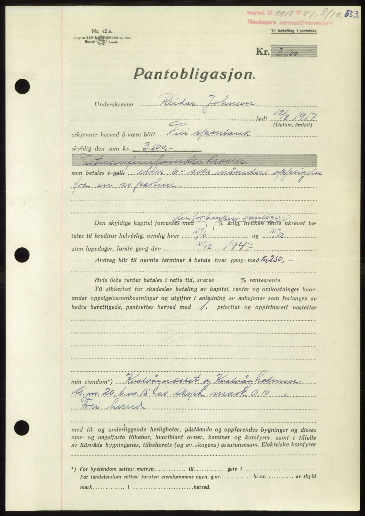 Nordmøre sorenskriveri, AV/SAT-A-4132/1/2/2Ca: Mortgage book no. B97, 1947-1948, Diary no: : 2918/1947