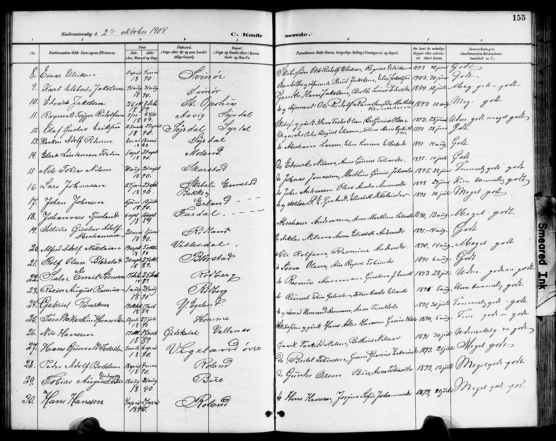 Sør-Audnedal sokneprestkontor, SAK/1111-0039/F/Fb/Fbb/L0006: Parish register (copy) no. B 6, 1893-1915, p. 155