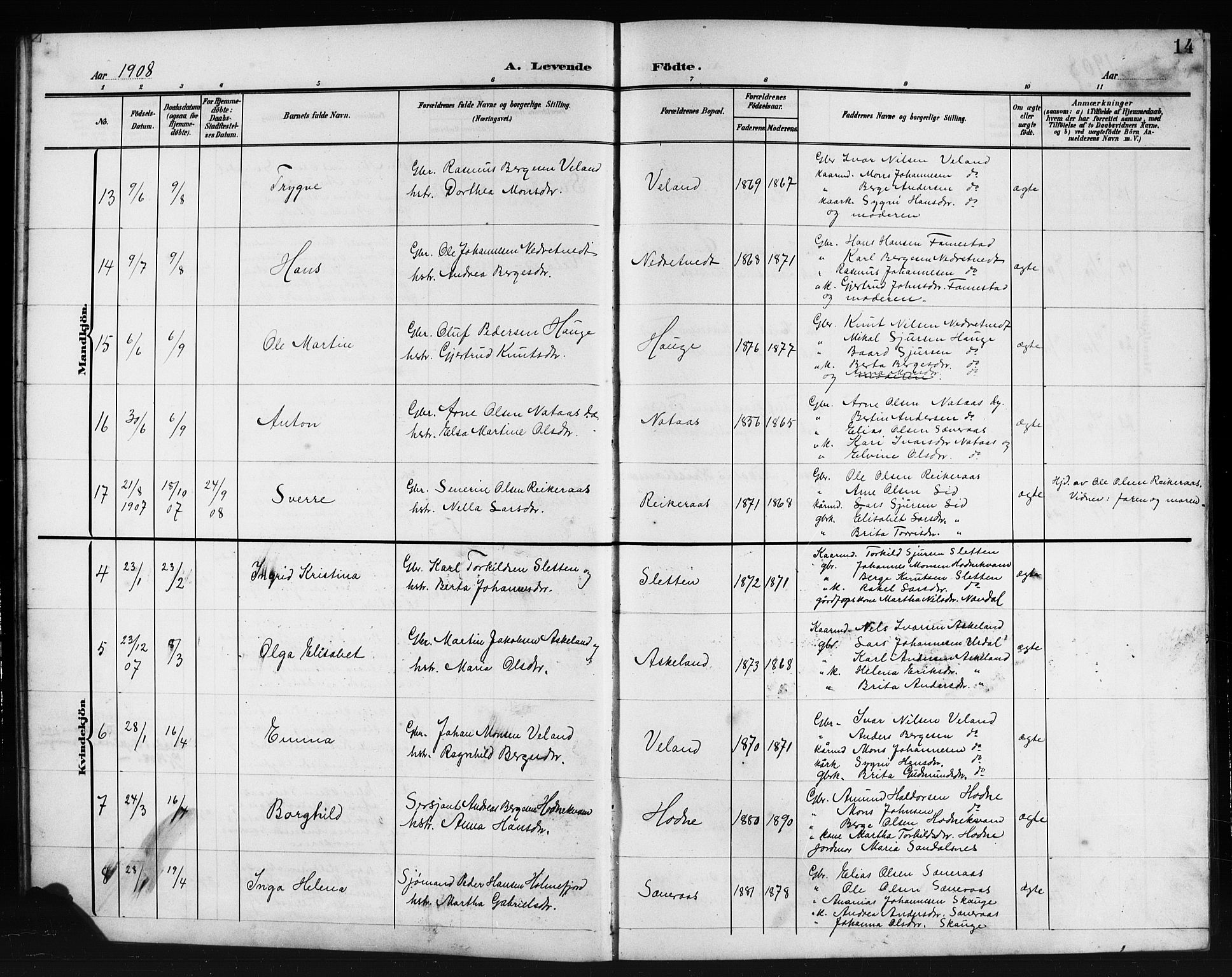 Lindås Sokneprestembete, AV/SAB-A-76701/H/Hab/Habe/L0004: Parish register (copy) no. E 4, 1906-1921, p. 14