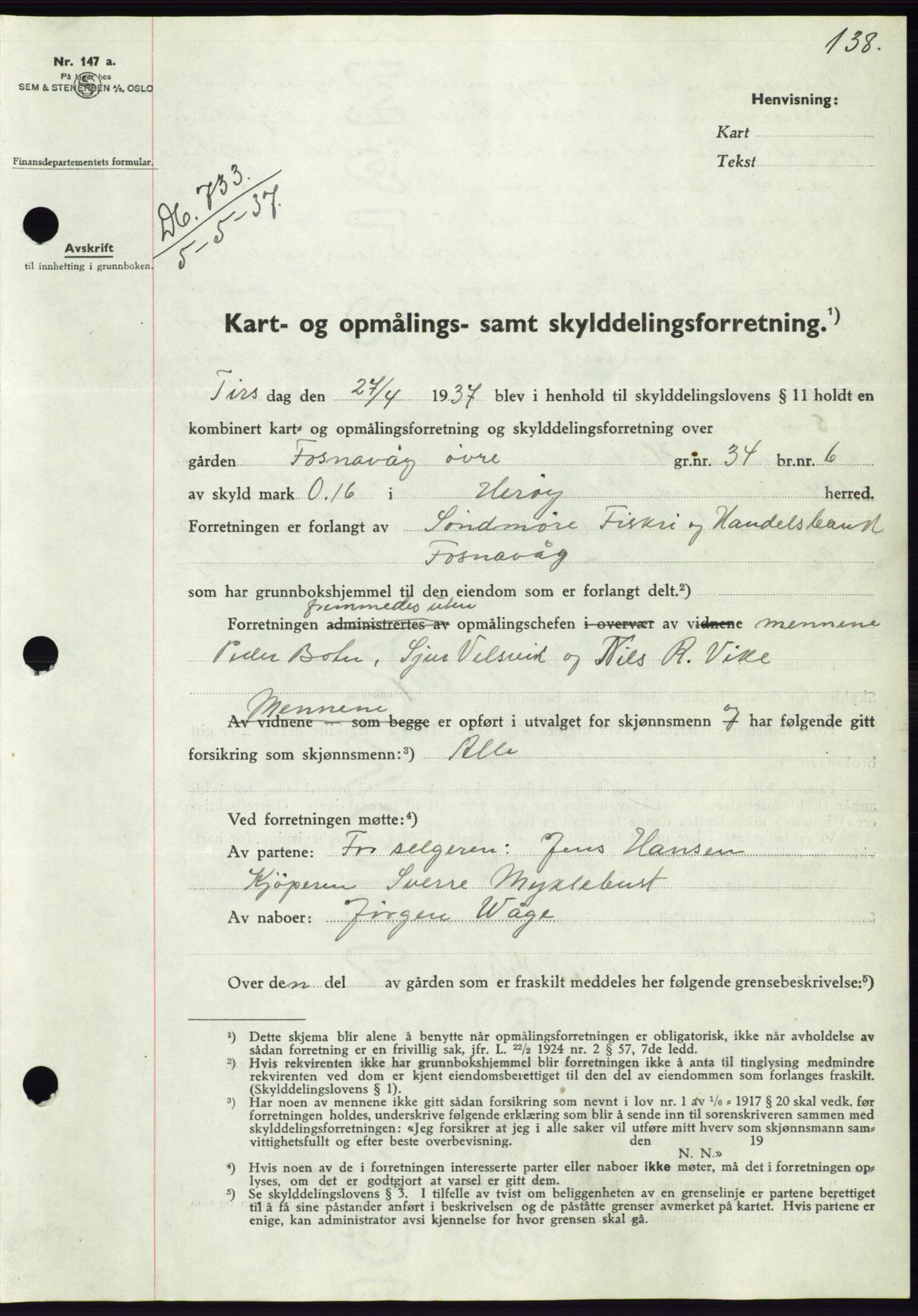 Søre Sunnmøre sorenskriveri, AV/SAT-A-4122/1/2/2C/L0063: Mortgage book no. 57, 1937-1937, Diary no: : 733/1937