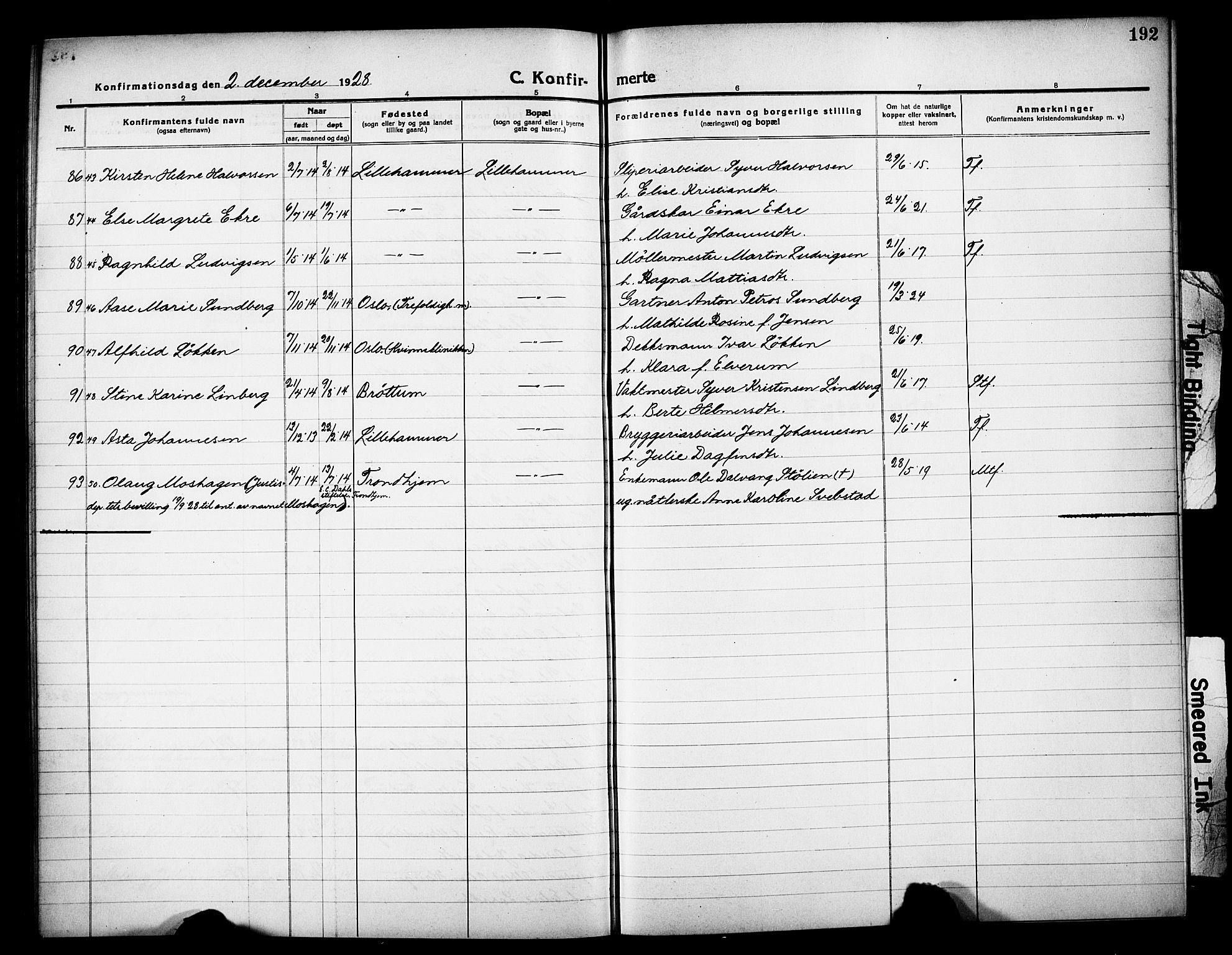 Lillehammer prestekontor, SAH/PREST-088/H/Ha/Hab/L0002: Parish register (copy) no. 2, 1913-1929, p. 192