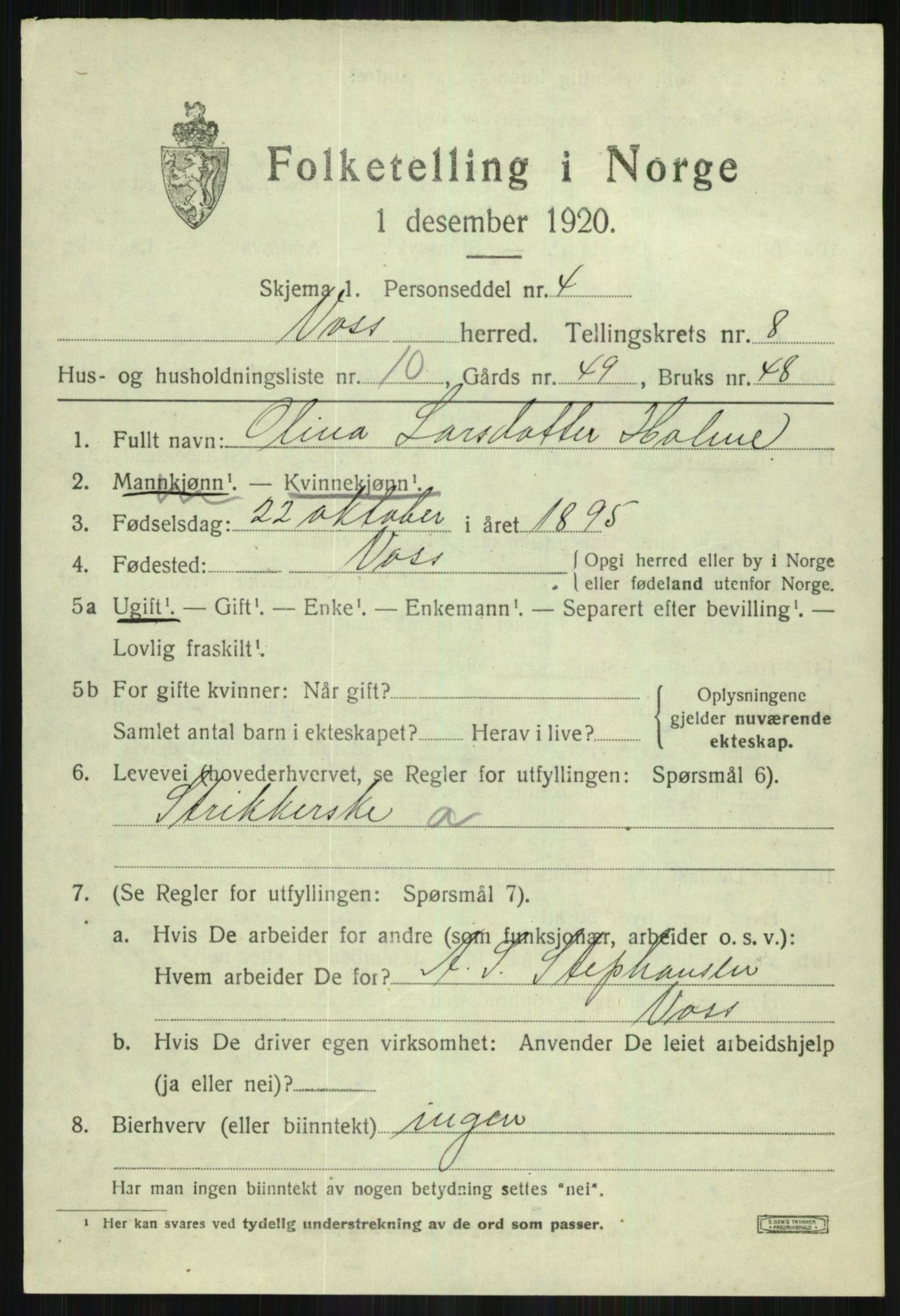 SAB, 1920 census for Voss, 1920, p. 7873