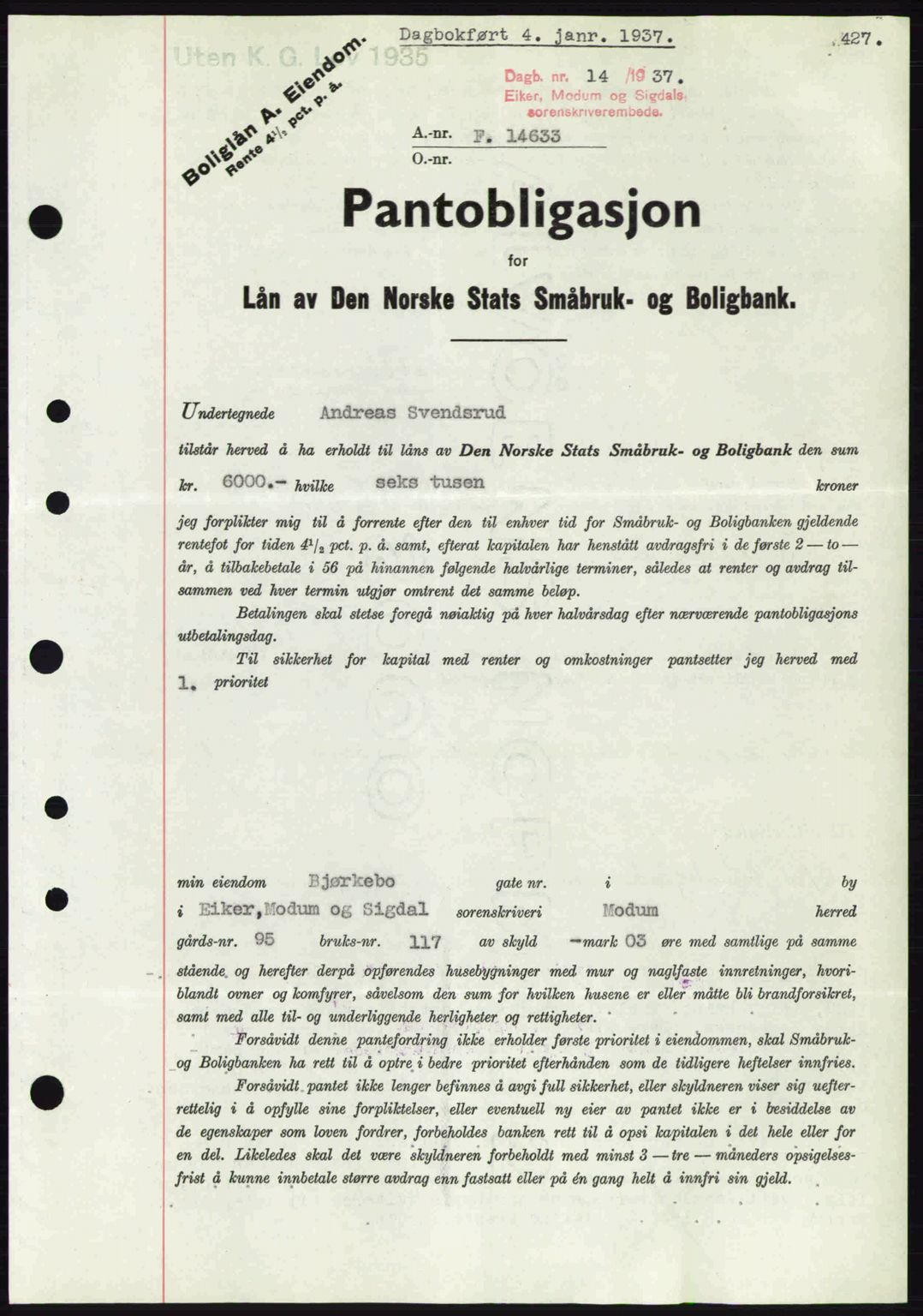 Eiker, Modum og Sigdal sorenskriveri, SAKO/A-123/G/Ga/Gab/L0034: Mortgage book no. A4, 1936-1937, Diary no: : 14/1937