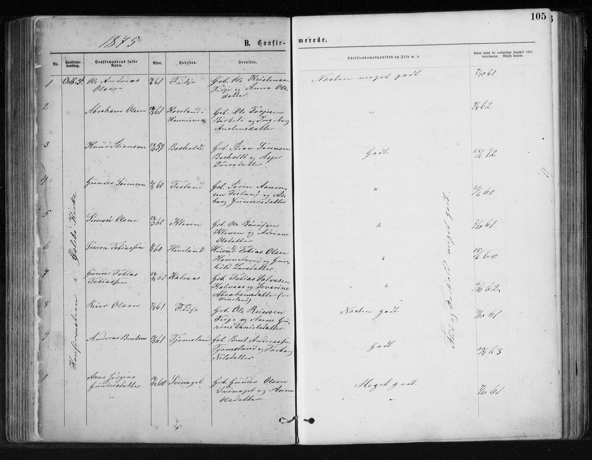 Holum sokneprestkontor, SAK/1111-0022/F/Fb/Fbb/L0003: Parish register (copy) no. B 3, 1875-1898, p. 105