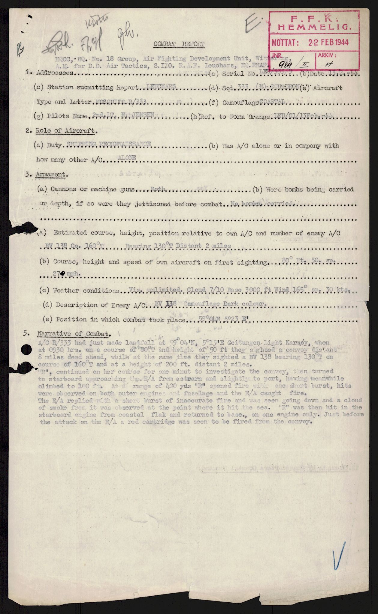 Forsvaret, 333 Skvadron, AV/RA-RAFA-2003/1/Da/L0041: Combat, Crash and and Circumstantial Reports , 1943-1945, p. 389