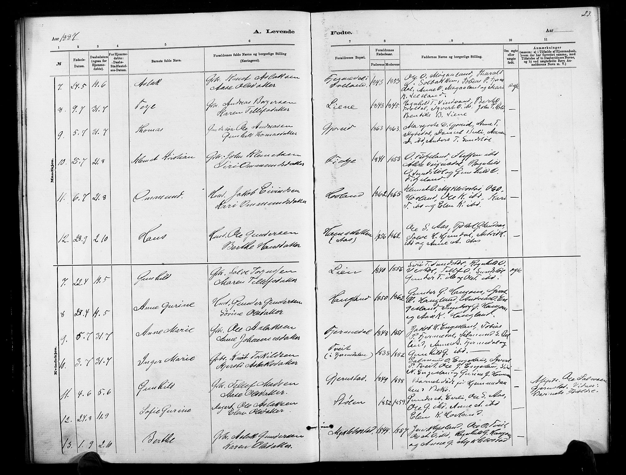 Herefoss sokneprestkontor, AV/SAK-1111-0019/F/Fb/Fbb/L0002: Parish register (copy) no. B 2, 1879-1894, p. 23