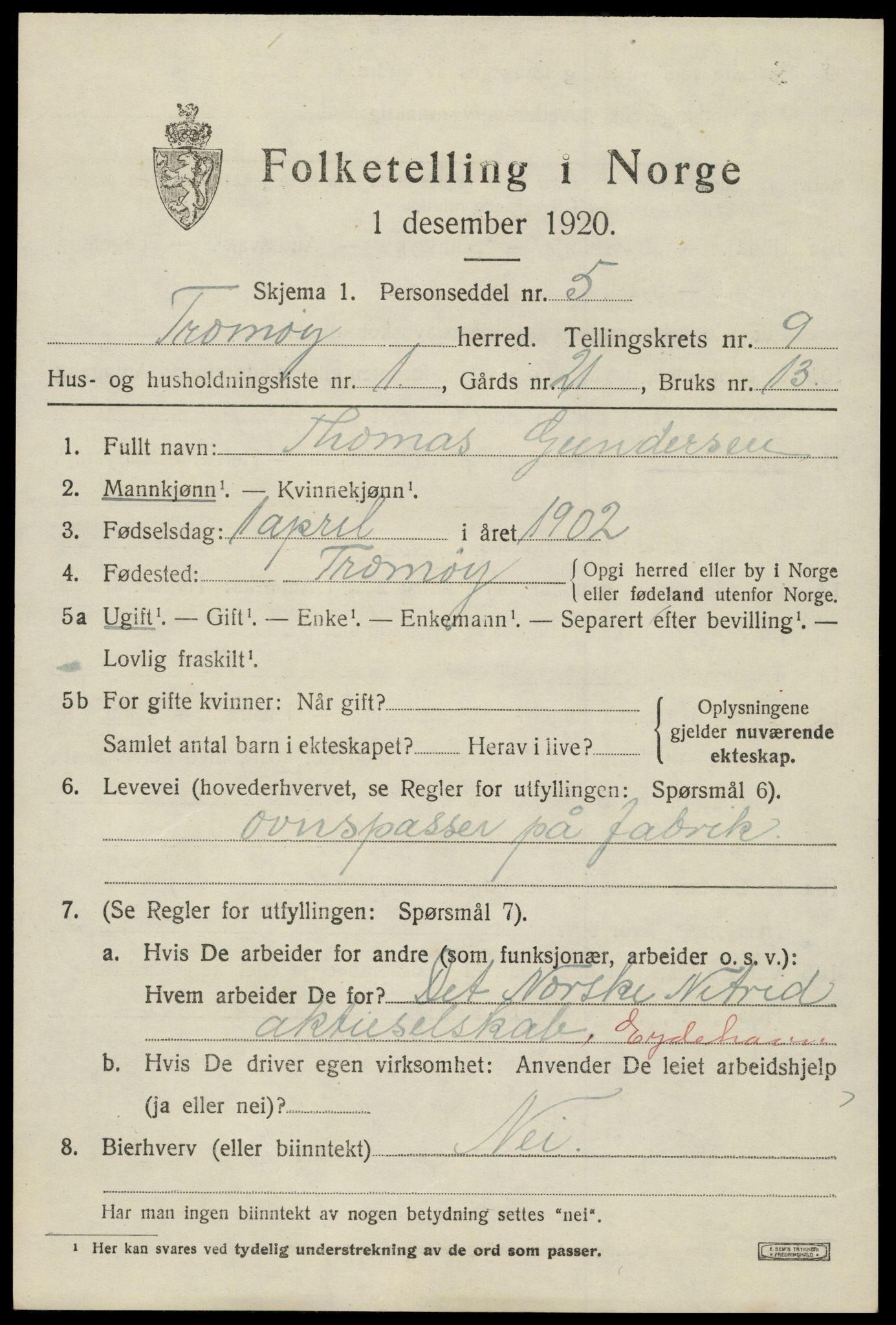 SAK, 1920 census for Tromøy, 1920, p. 5875