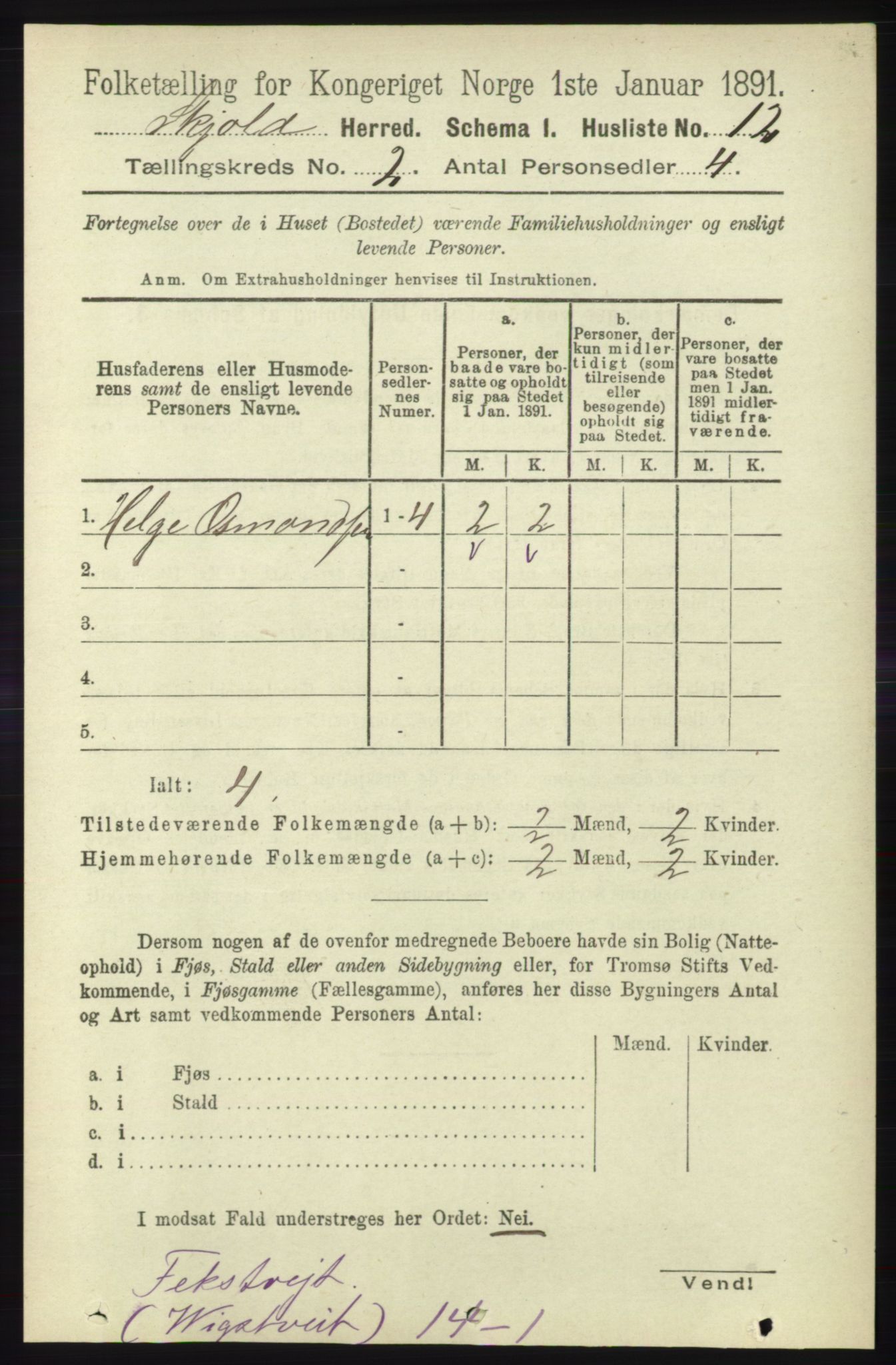 RA, 1891 census for 1154 Skjold, 1891, p. 276