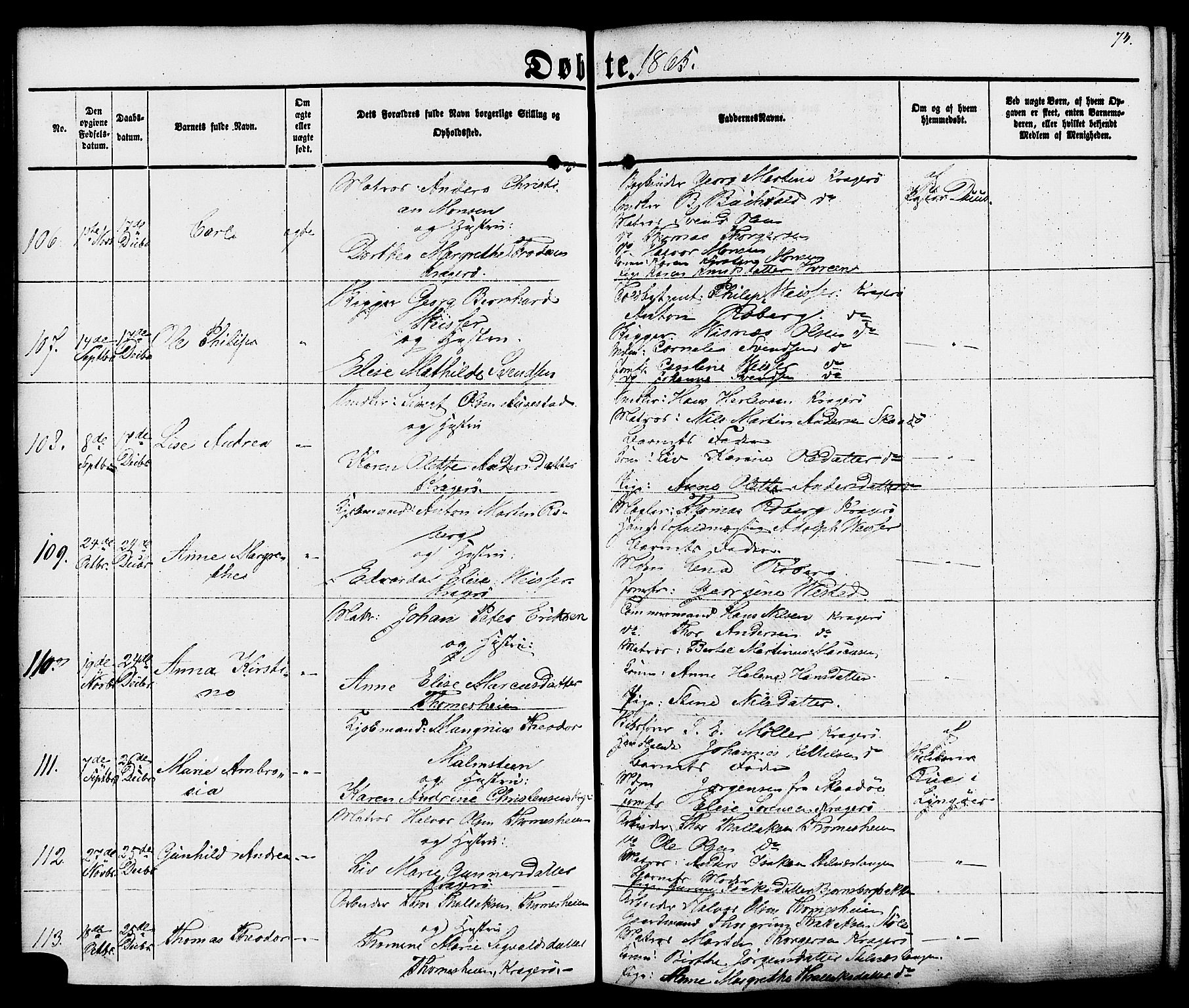 Kragerø kirkebøker, AV/SAKO-A-278/F/Fa/L0007: Parish register (official) no. 7, 1861-1875, p. 74