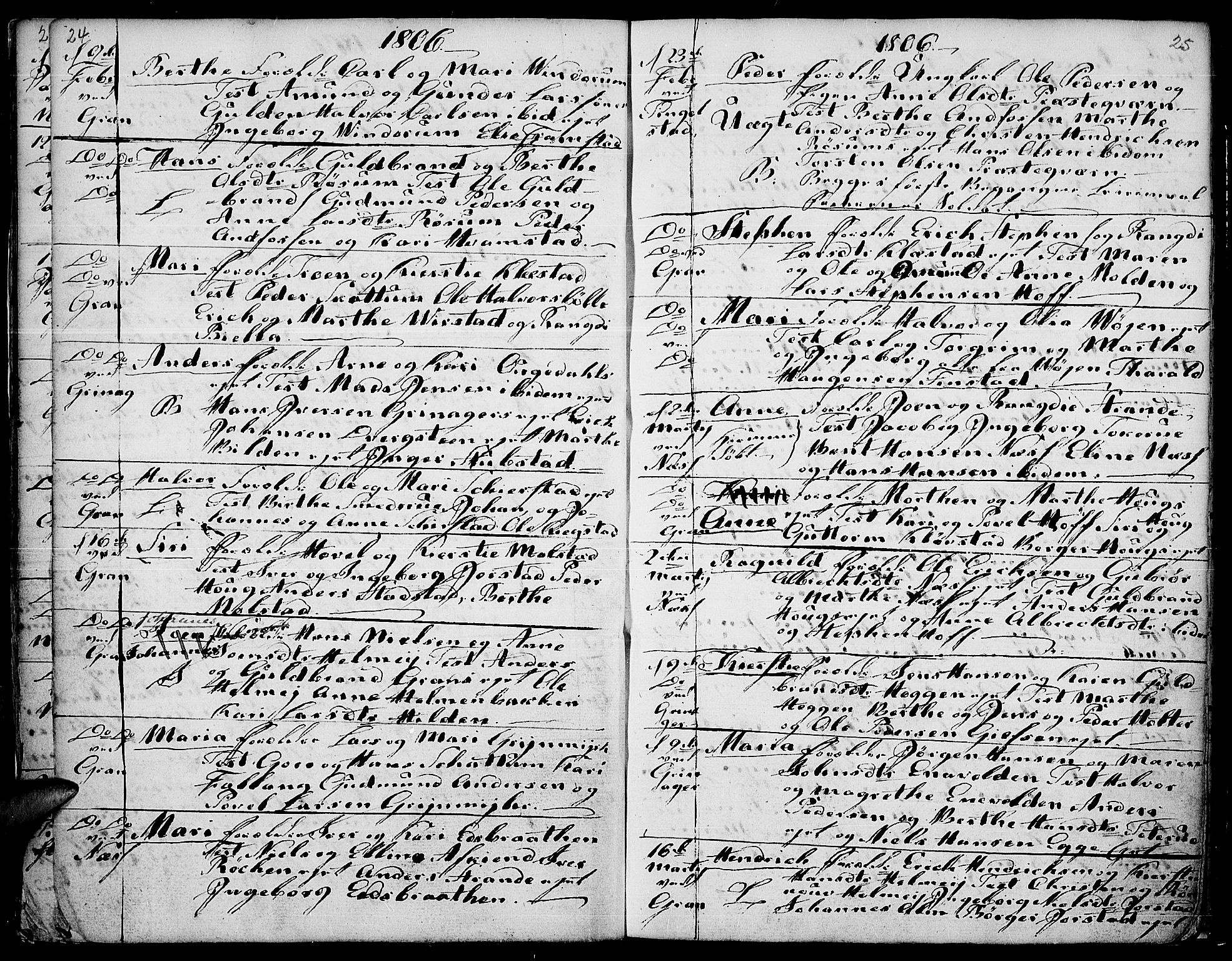 Gran prestekontor, SAH/PREST-112/H/Ha/Haa/L0007: Parish register (official) no. 7, 1804-1815, p. 24-25