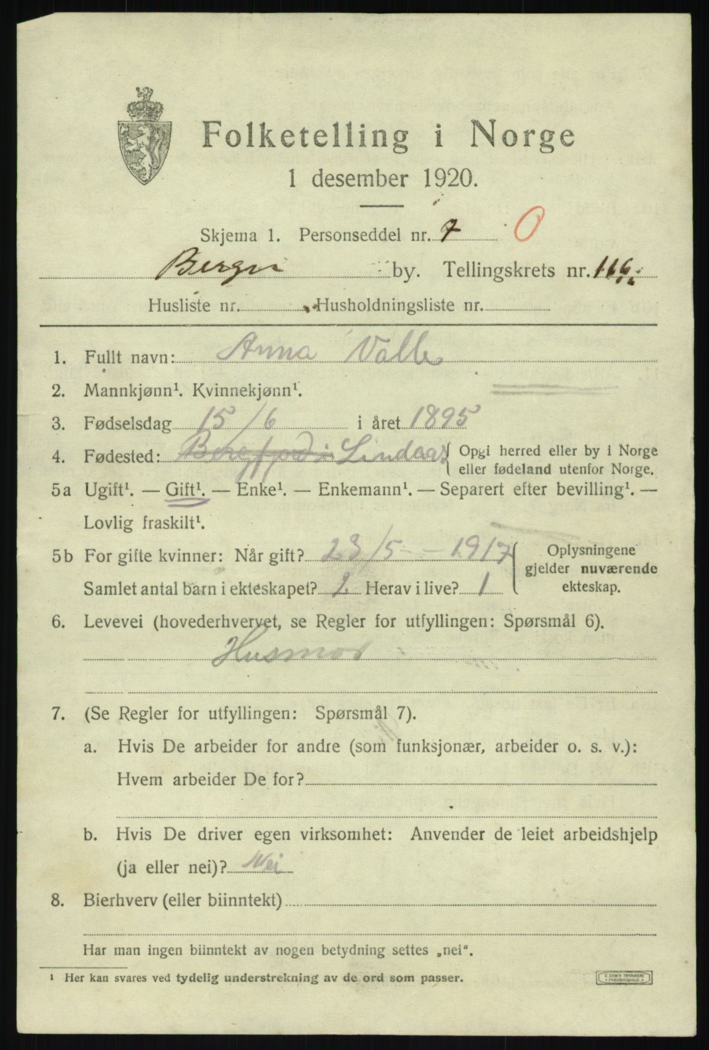 SAB, 1920 census for Bergen, 1920, p. 197735