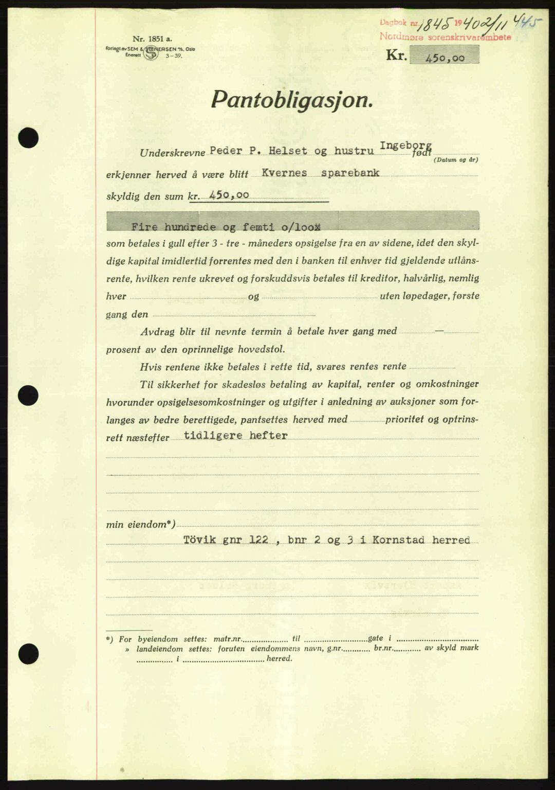 Nordmøre sorenskriveri, AV/SAT-A-4132/1/2/2Ca: Mortgage book no. B87, 1940-1941, Diary no: : 1845/1940