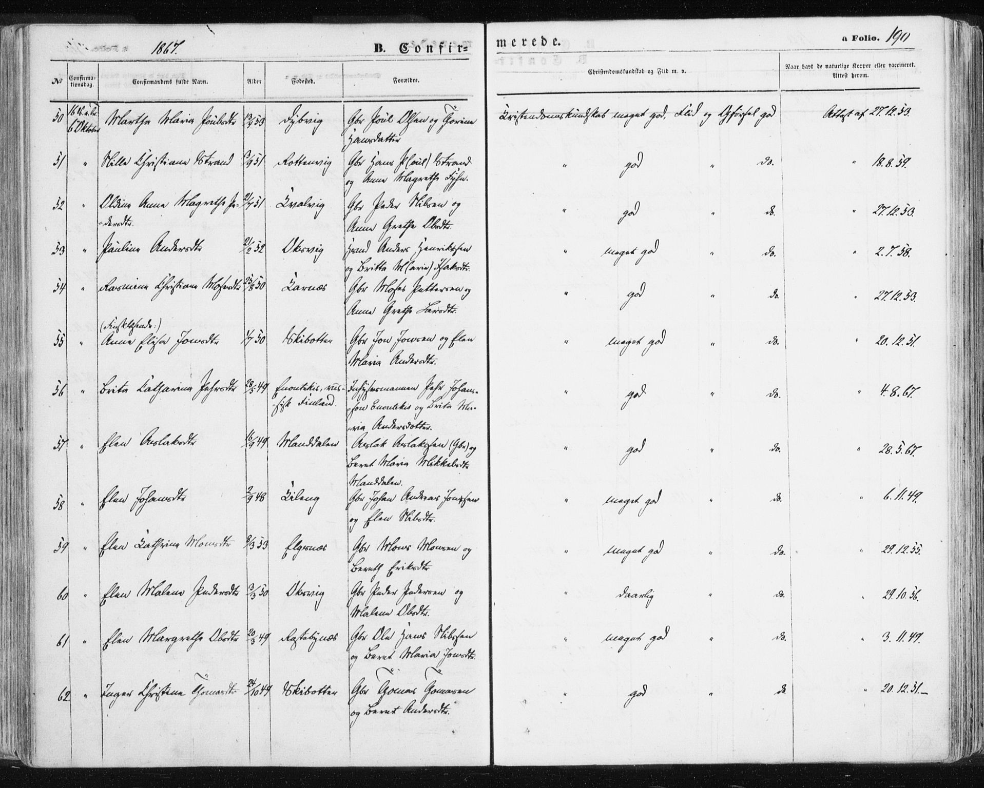 Lyngen sokneprestembete, AV/SATØ-S-1289/H/He/Hea/L0005kirke: Parish register (official) no. 5, 1859-1869, p. 190