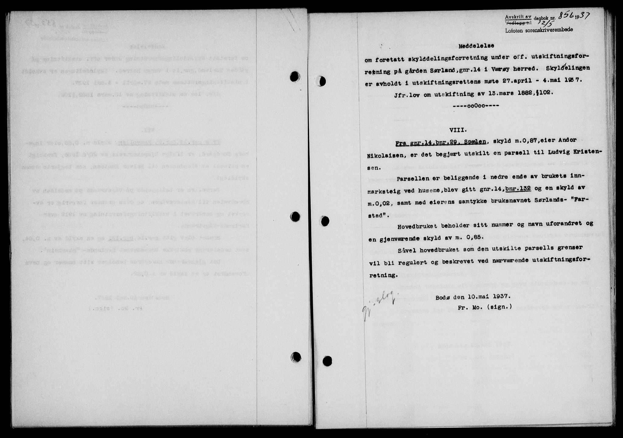 Lofoten sorenskriveri, SAT/A-0017/1/2/2C/L0002a: Mortgage book no. 2a, 1937-1937, Diary no: : 856/1937