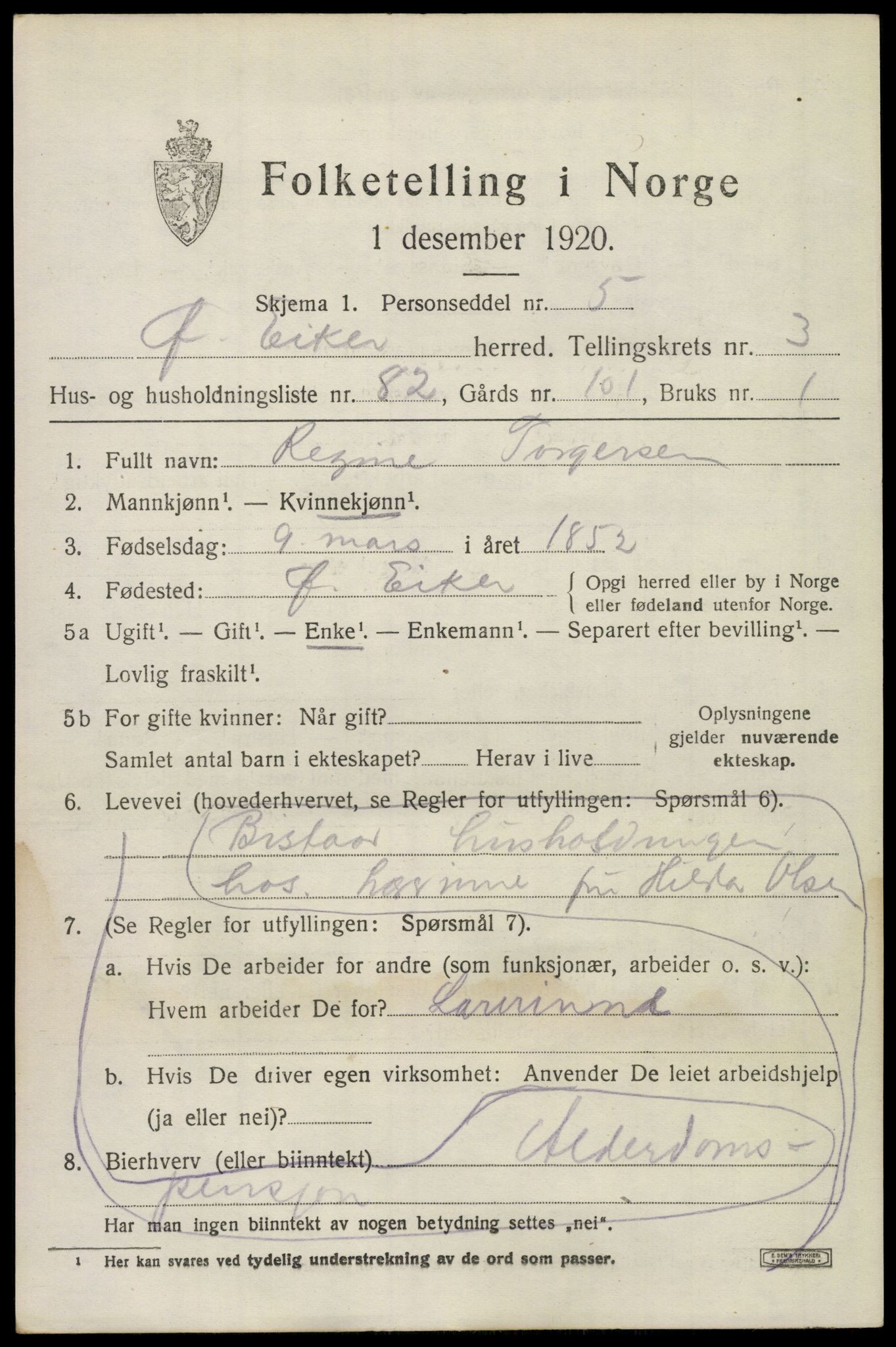 SAKO, 1920 census for Øvre Eiker, 1920, p. 9040