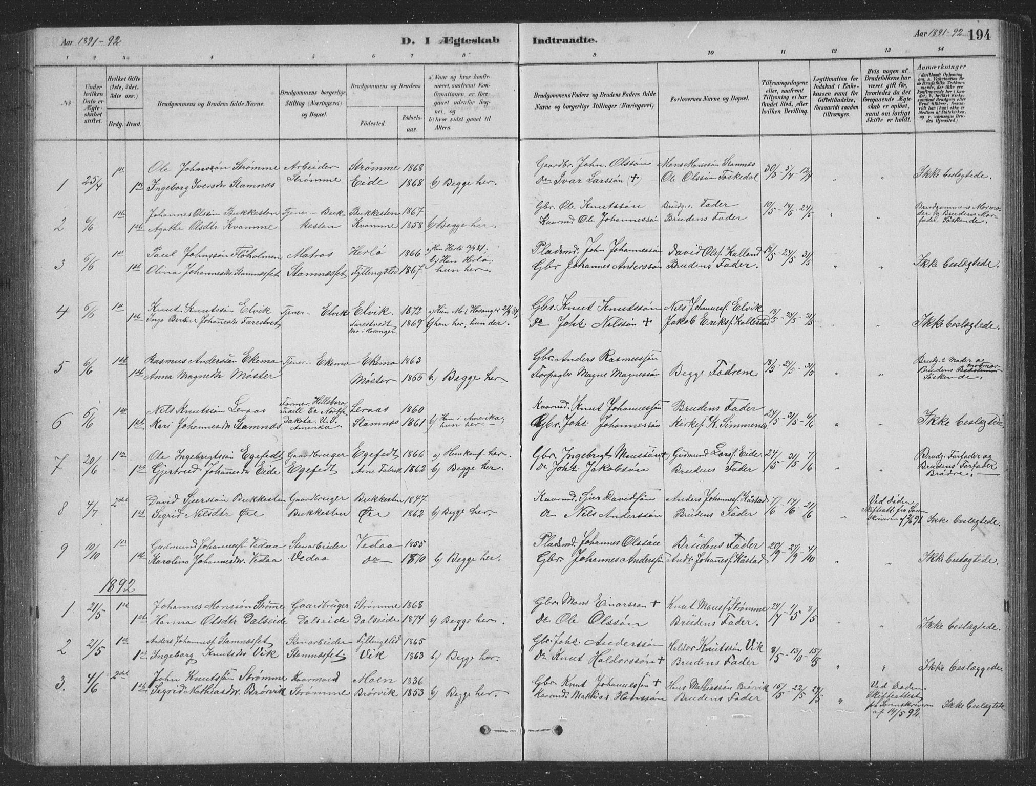 Vaksdal Sokneprestembete, SAB/A-78901/H/Hab: Parish register (copy) no. D 1, 1878-1939, p. 194