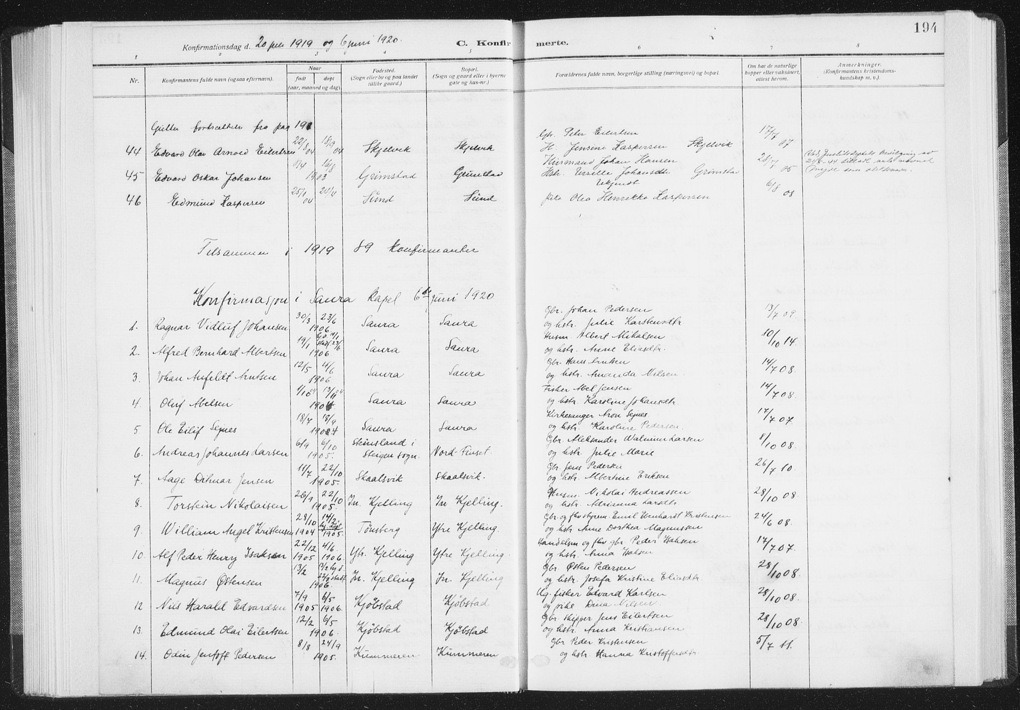 Ministerialprotokoller, klokkerbøker og fødselsregistre - Nordland, AV/SAT-A-1459/805/L0104: Parish register (official) no. 805A09, 1909-1926, p. 194