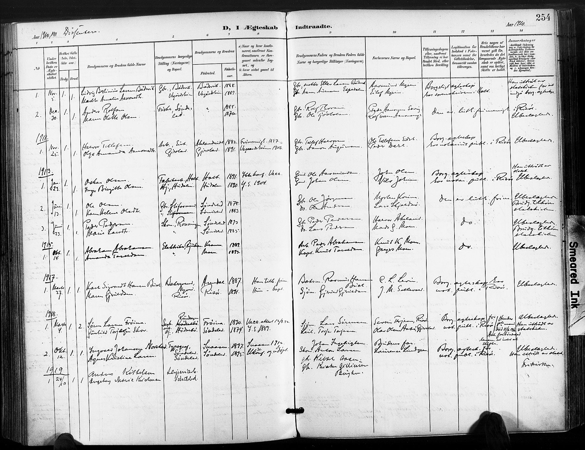 Søndeled sokneprestkontor, SAK/1111-0038/F/Fa/L0006: Parish register (official) no. A 6, 1900-1922, p. 254