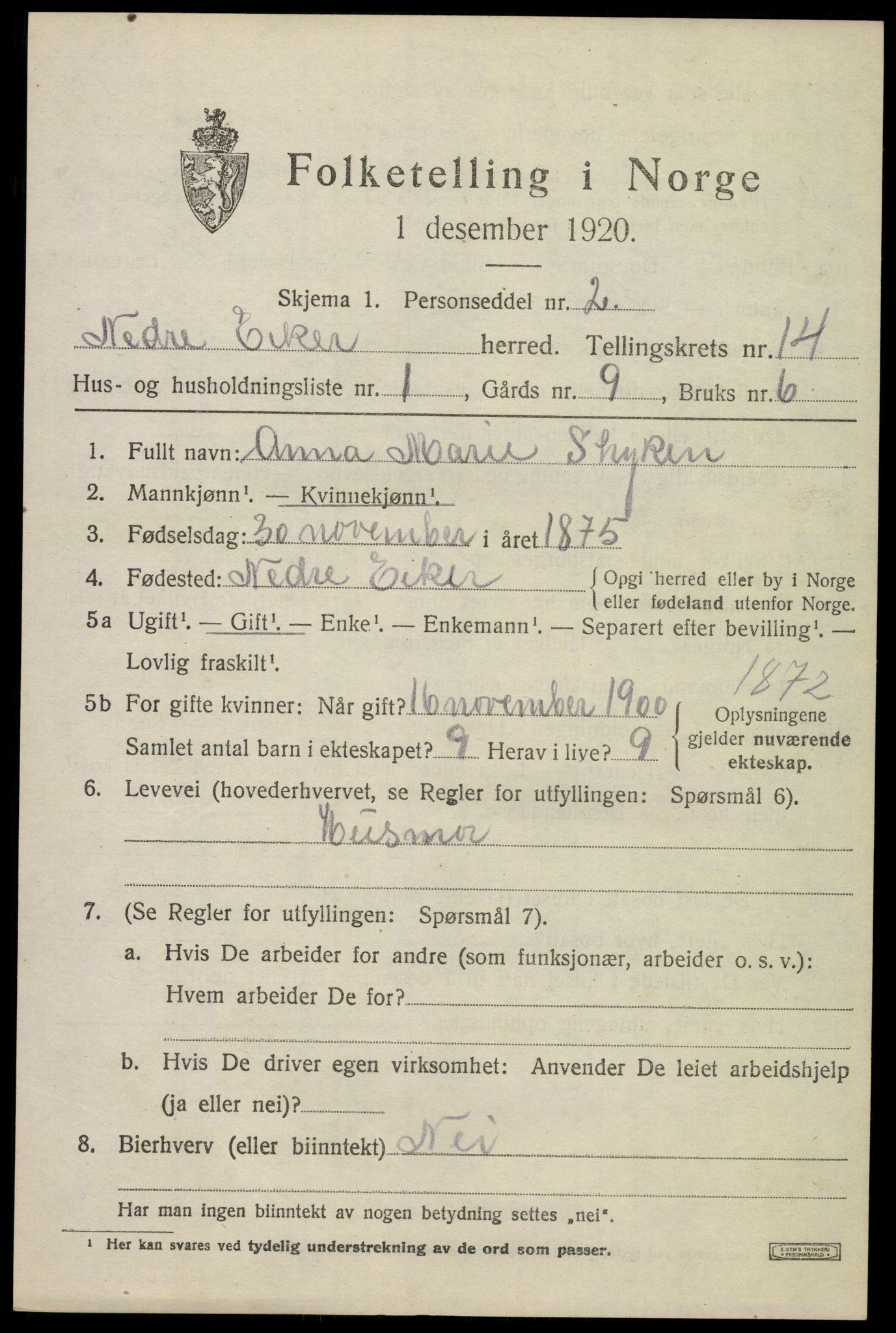 SAKO, 1920 census for Nedre Eiker, 1920, p. 15483