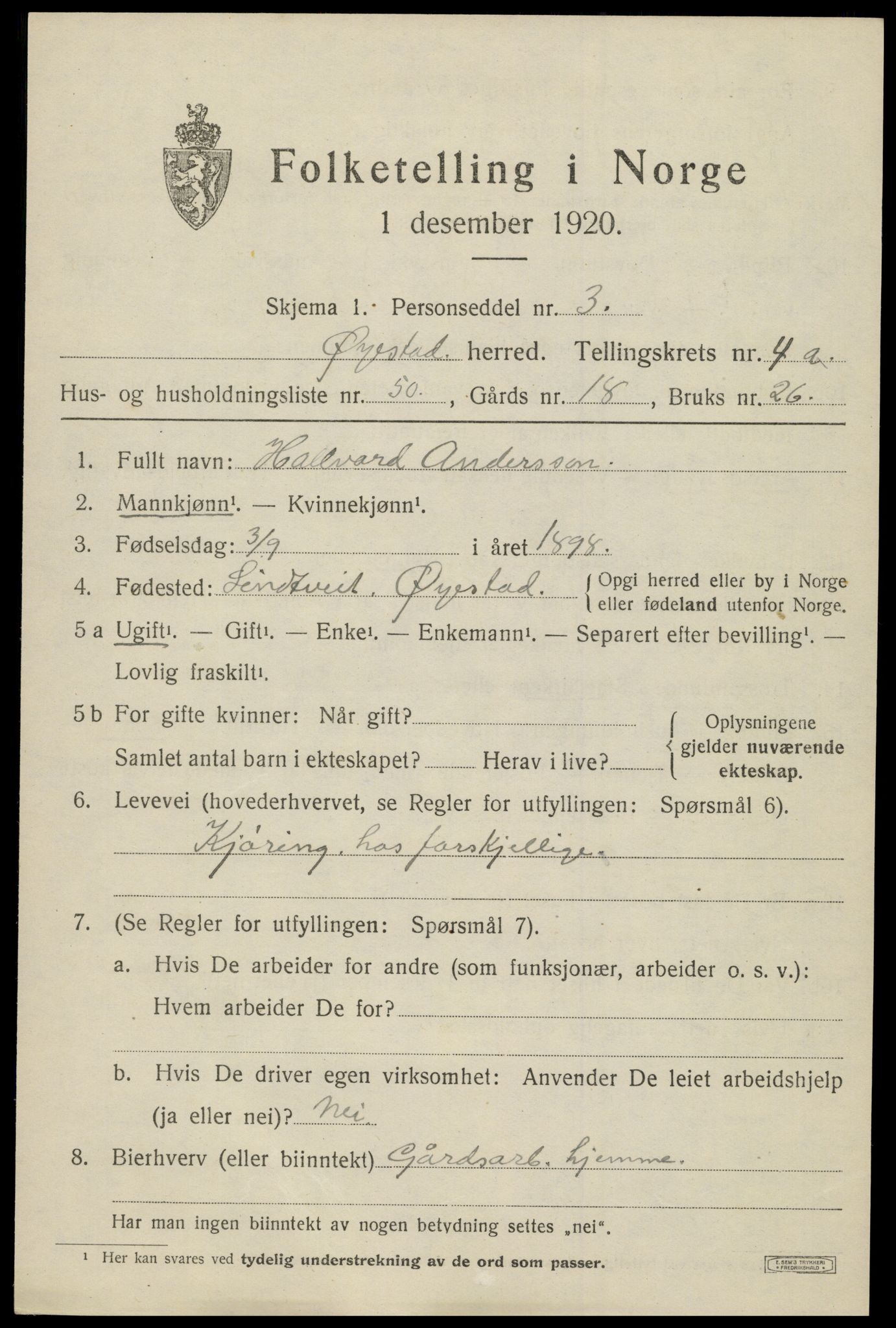 SAK, 1920 census for Øyestad, 1920, p. 3674