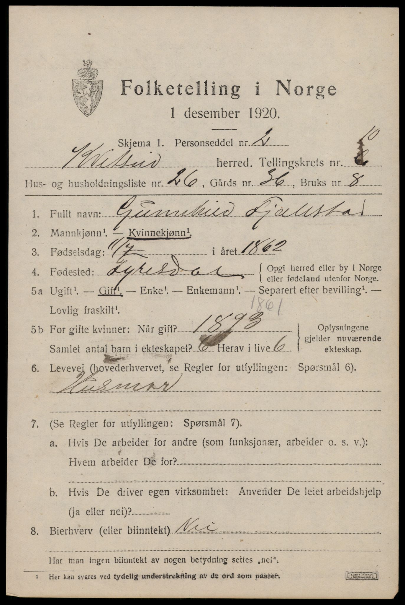 SAKO, 1920 census for Kviteseid, 1920, p. 5029