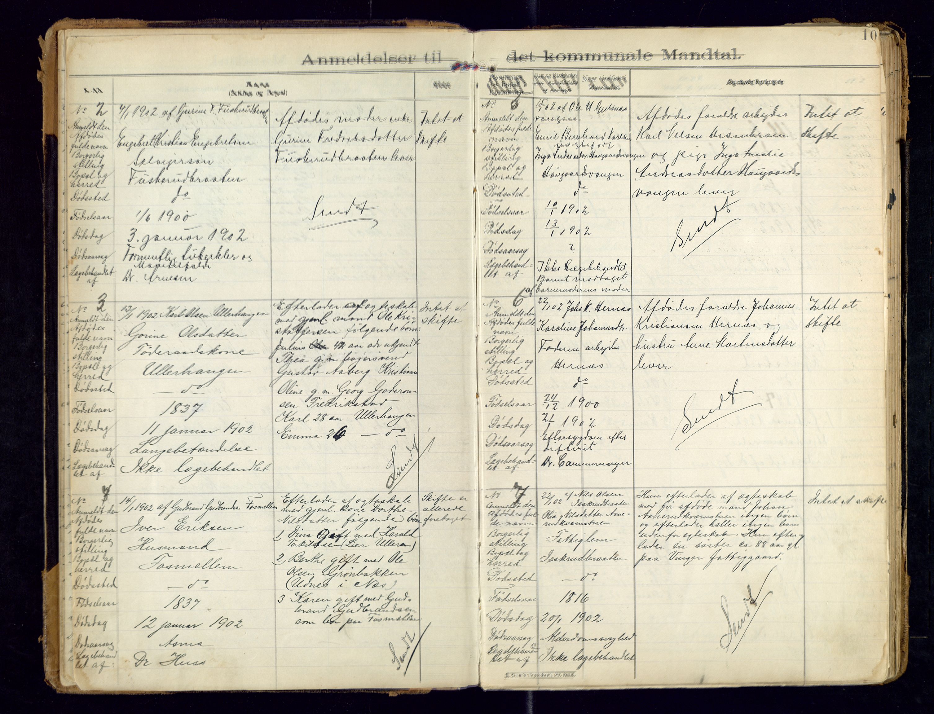 Sør-Odal lensmannskontor, SAH/LHS-022/H/Hb/L0001/0002: Protokoller over anmeldte dødsfall / Protokoll over anmeldte dødsfall, 1901-1913, p. 10