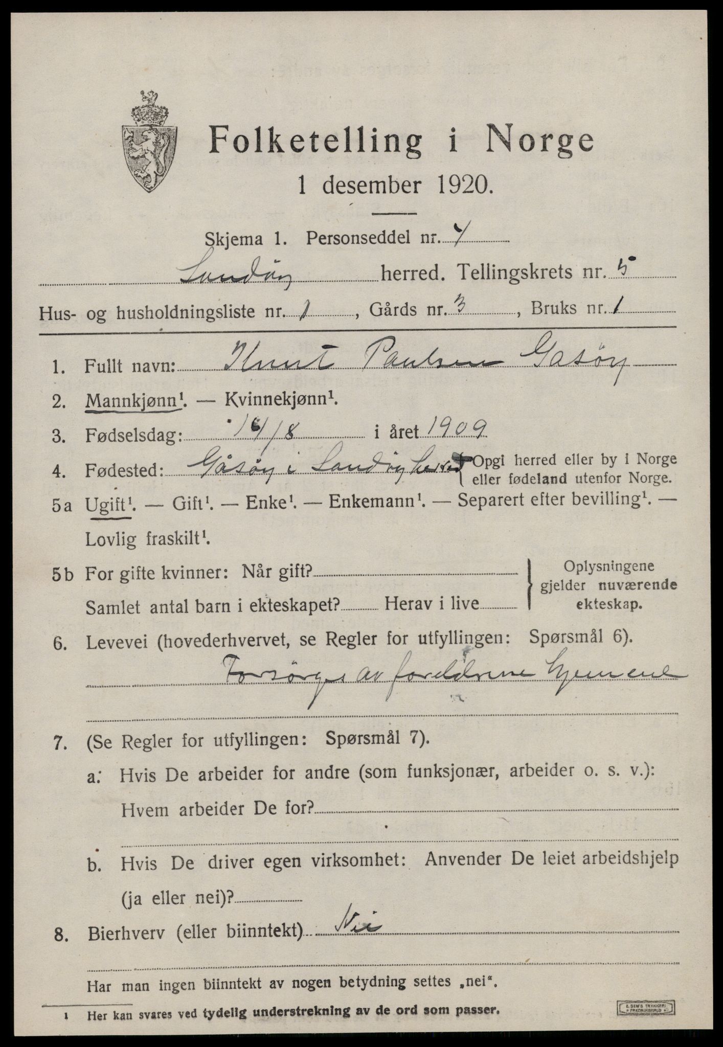 SAT, 1920 census for Sandøy, 1920, p. 1712