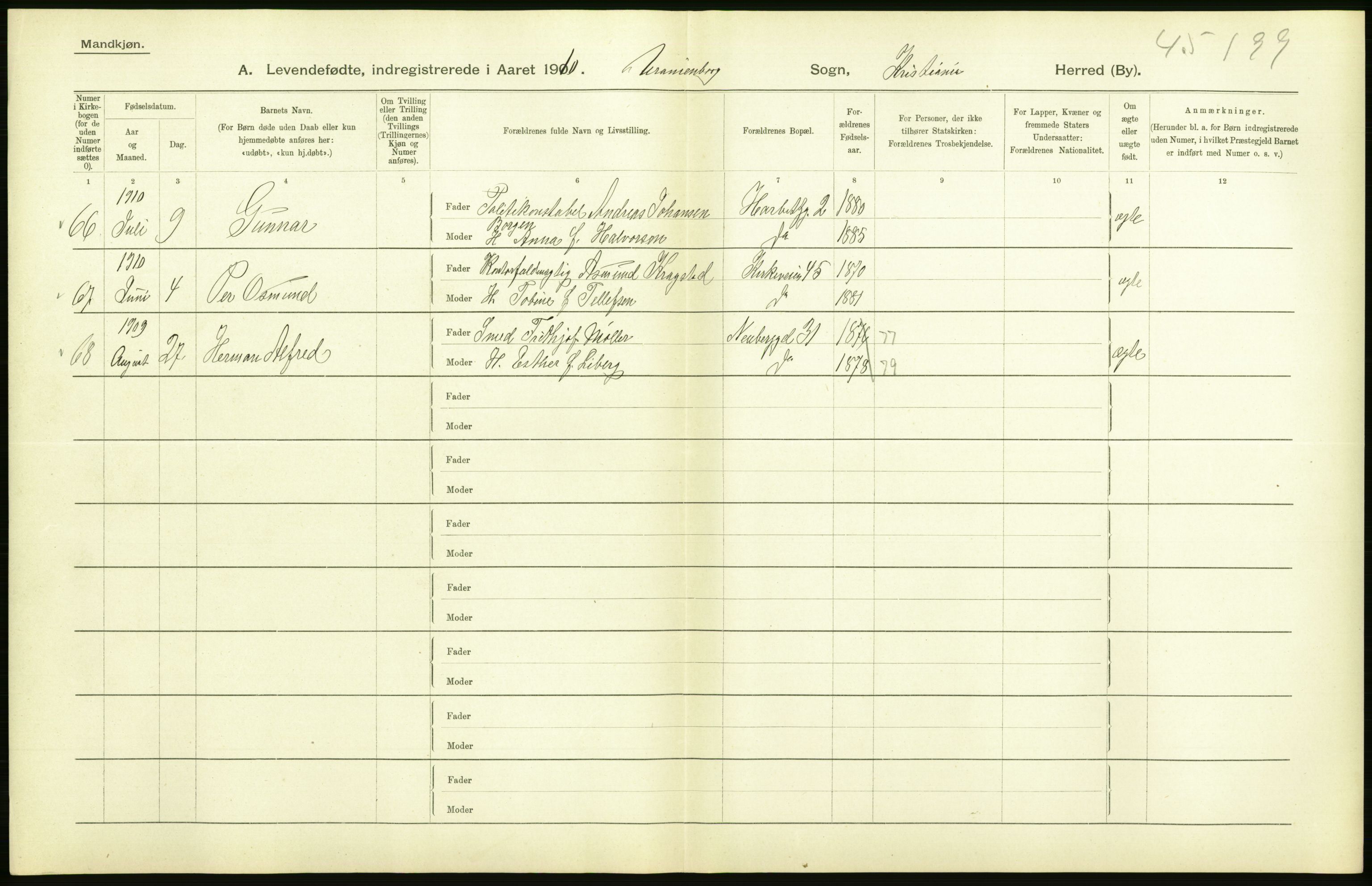 Statistisk sentralbyrå, Sosiodemografiske emner, Befolkning, AV/RA-S-2228/D/Df/Dfa/Dfah/L0006: Kristiania: Levendefødte menn., 1910, p. 536